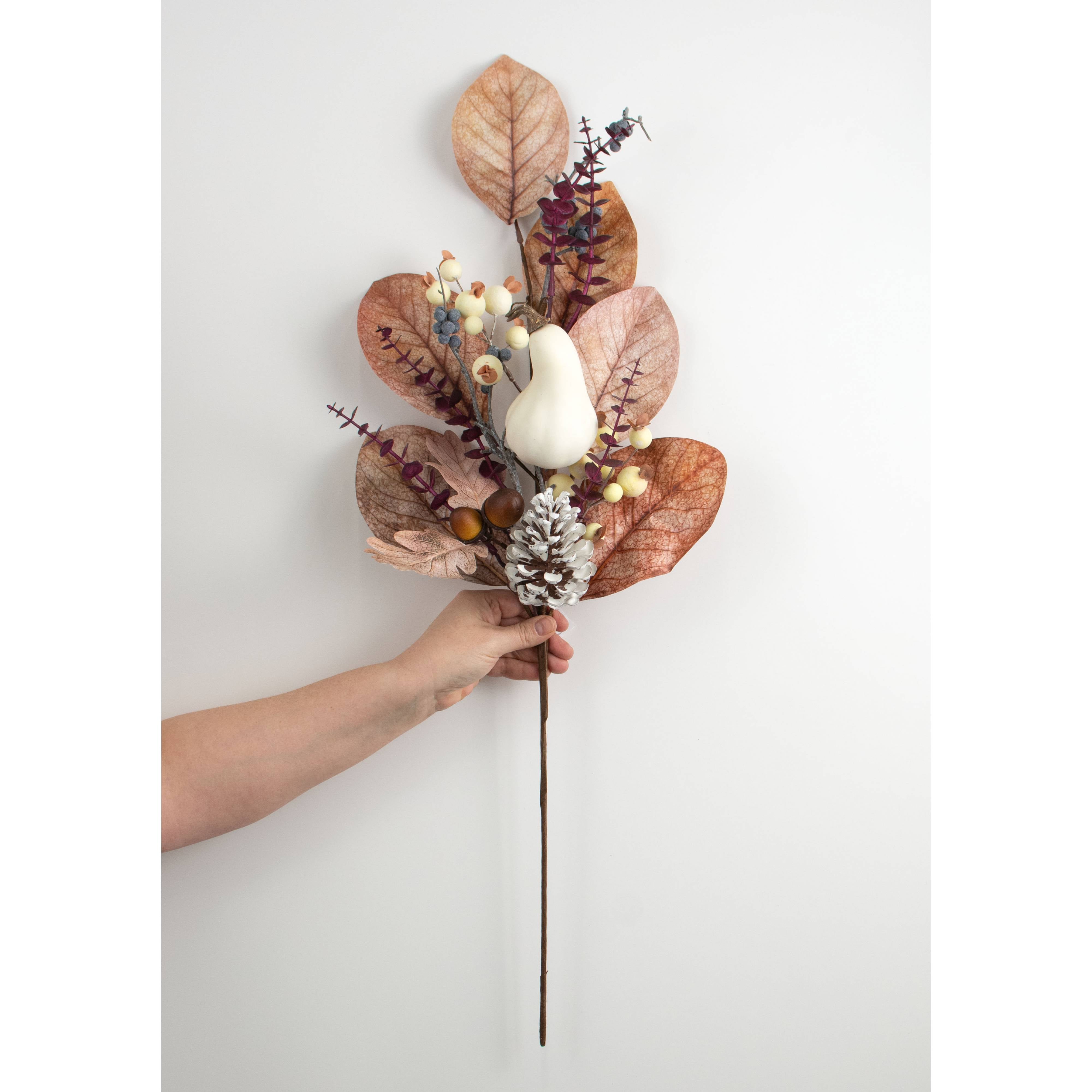 30" Mixed Fall Gourd, Leaves & Berries Spray: Brown & Cream detail photo 4