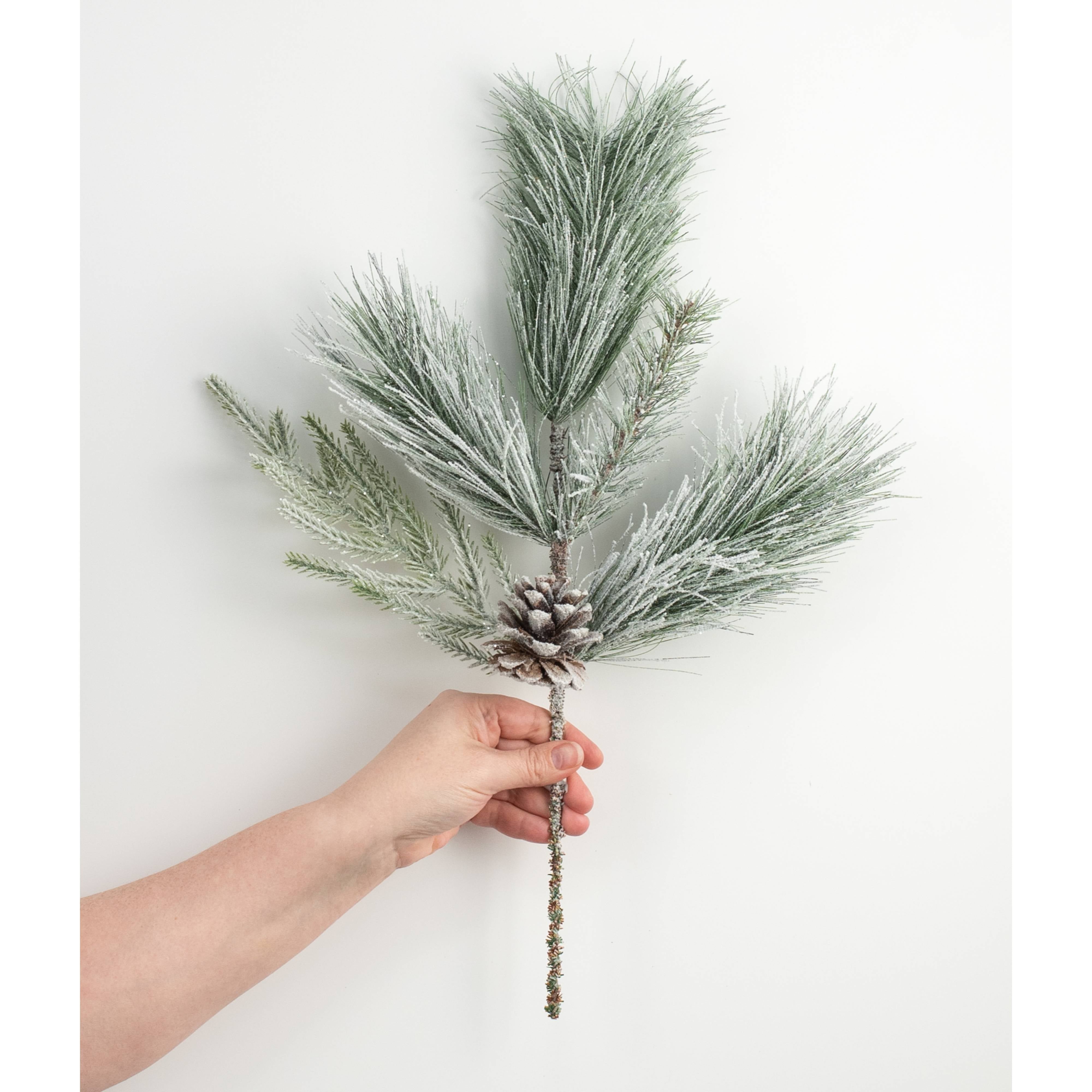 20" Mixed Flocked Pine Spray with Pinecone detail photo 3