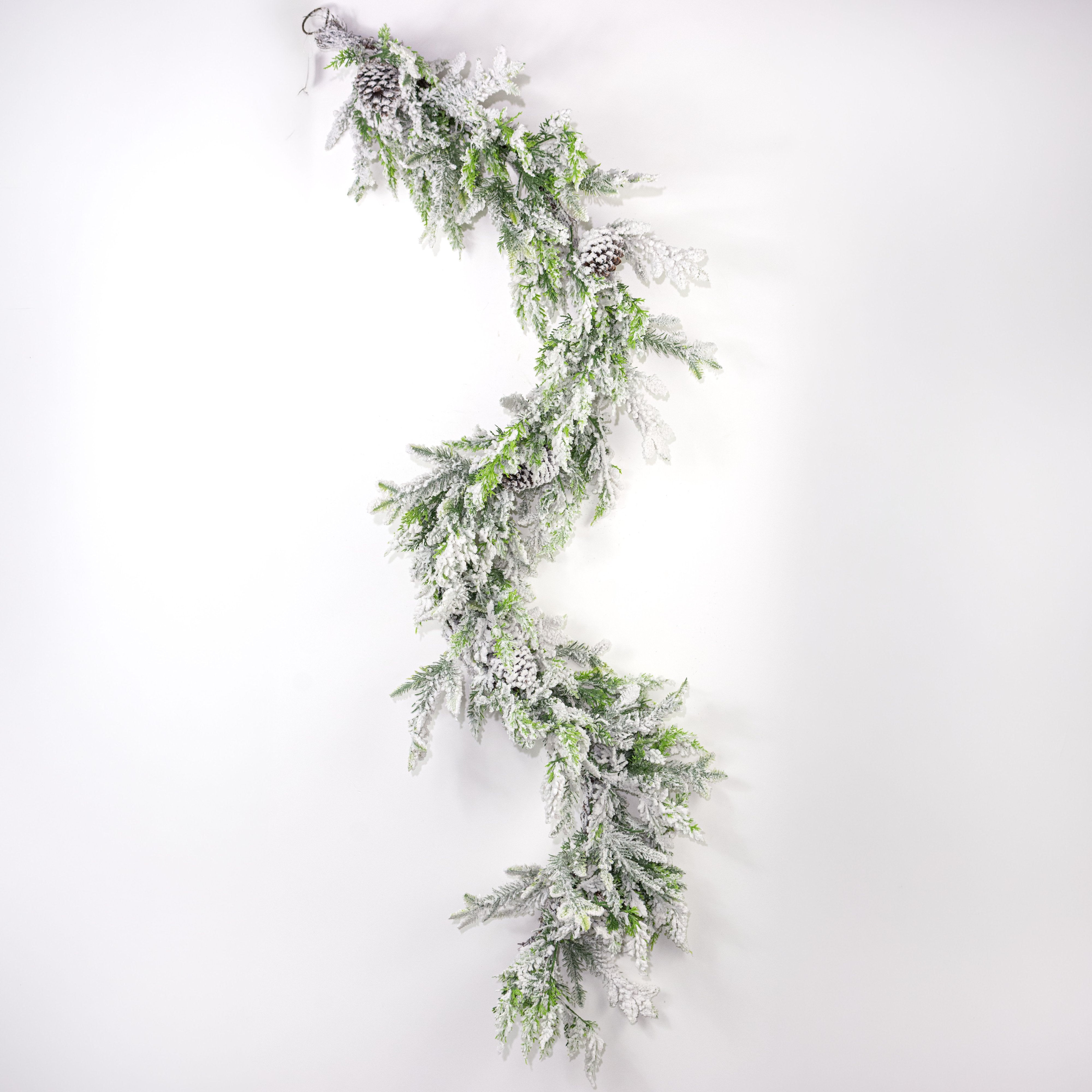 6' Mixed Pine, Pinecone & Cedar Garland: Flocked detail photo 4
