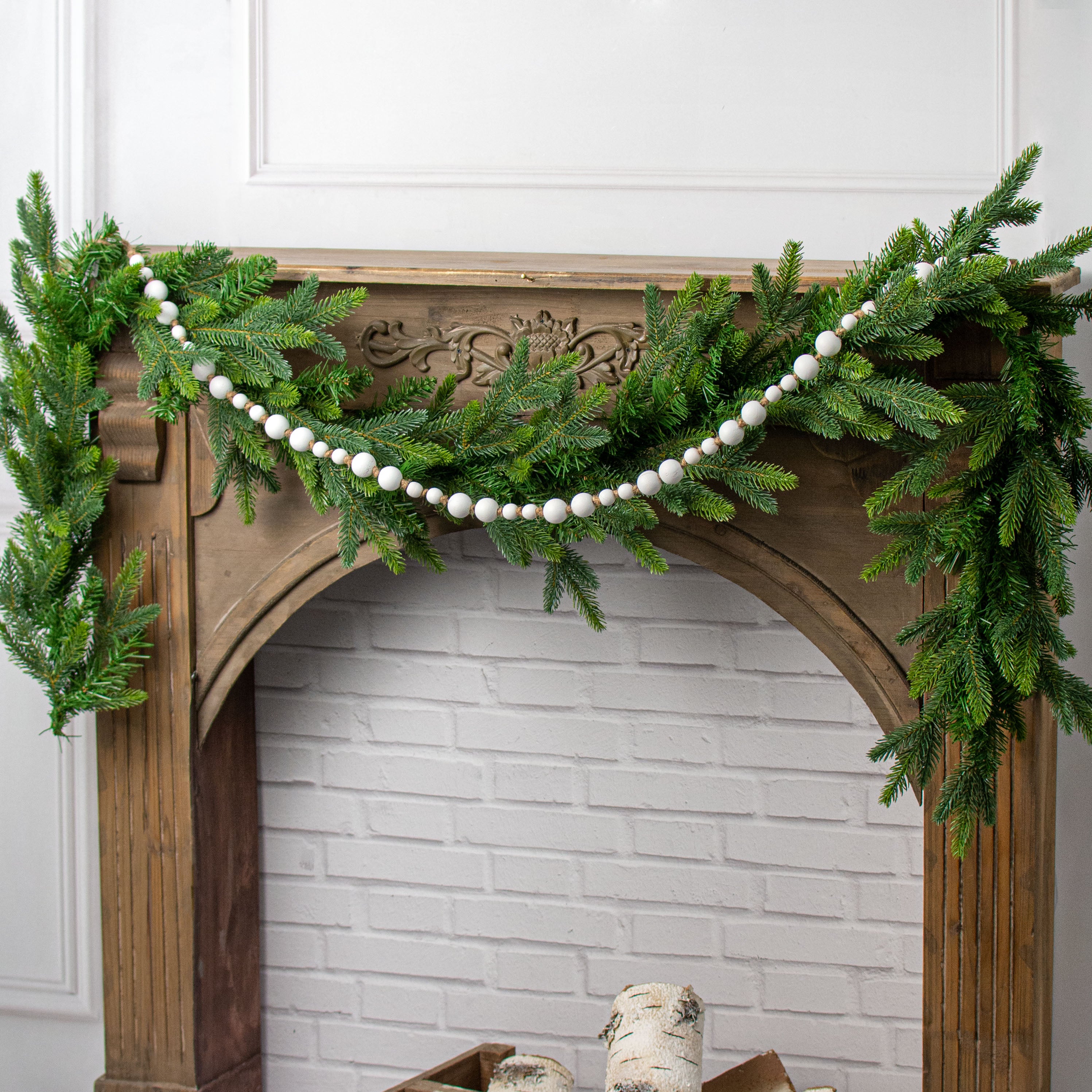 44" Mixed Wood Bead Garland: Whitewash detail photo 3