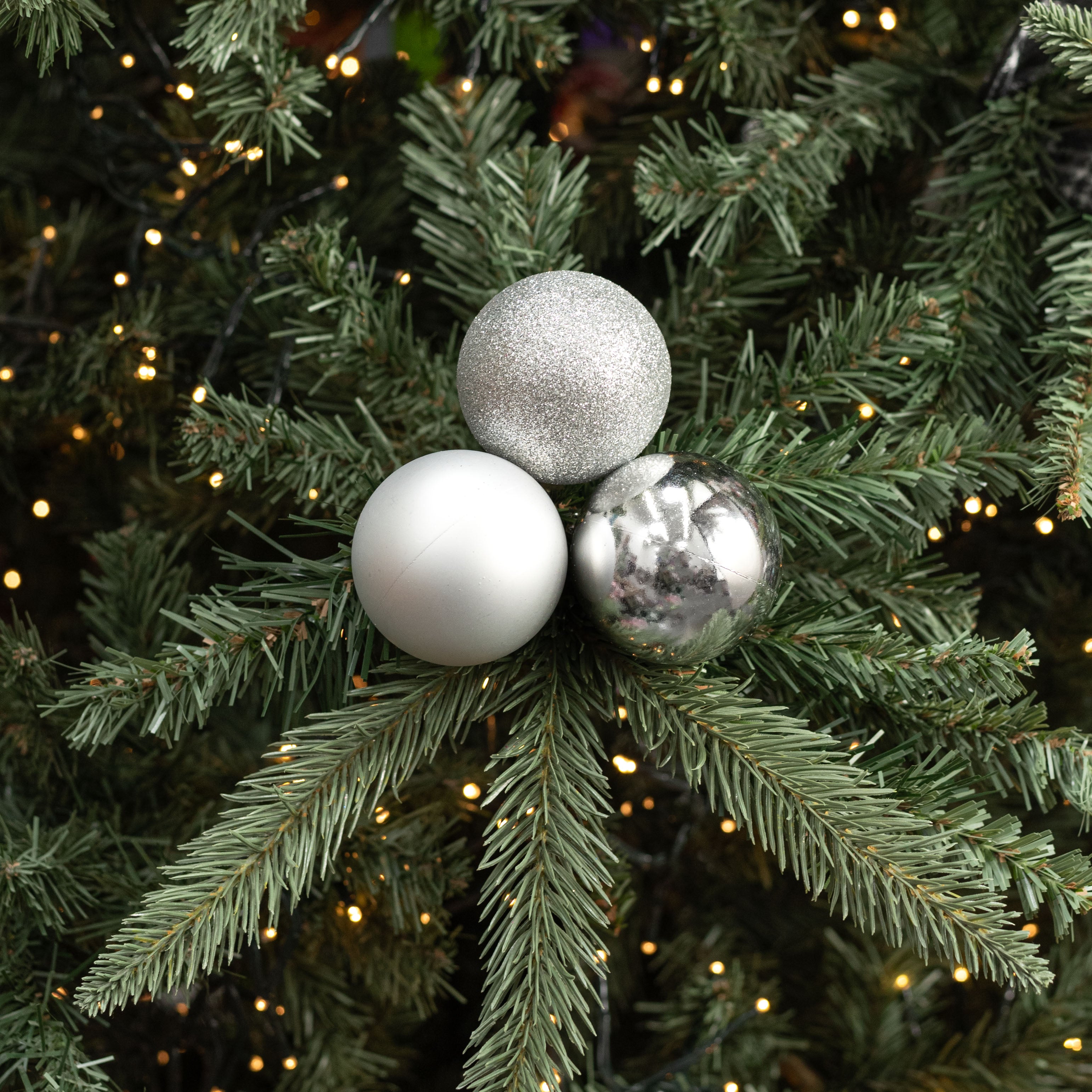 60mm Ball Ornament Cluster Ties: Metallic & Glitter Silver Lifestyle Photo