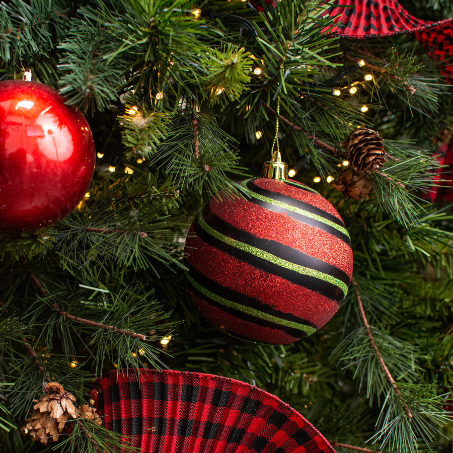100MM Diagonal Glitter Stripe Ball Ornament: Black, Red, Lime Lifestyle Photo