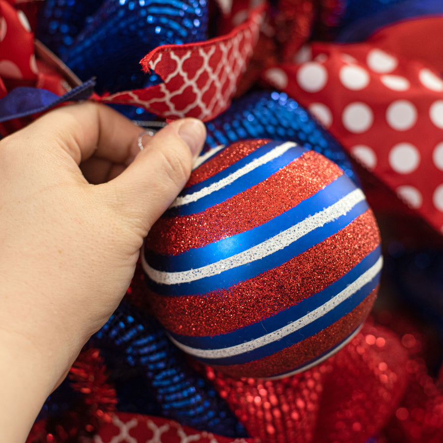 100MM Diagonal Glitter Stripe Ball Ornament: Patriotic Lifestyle Photo