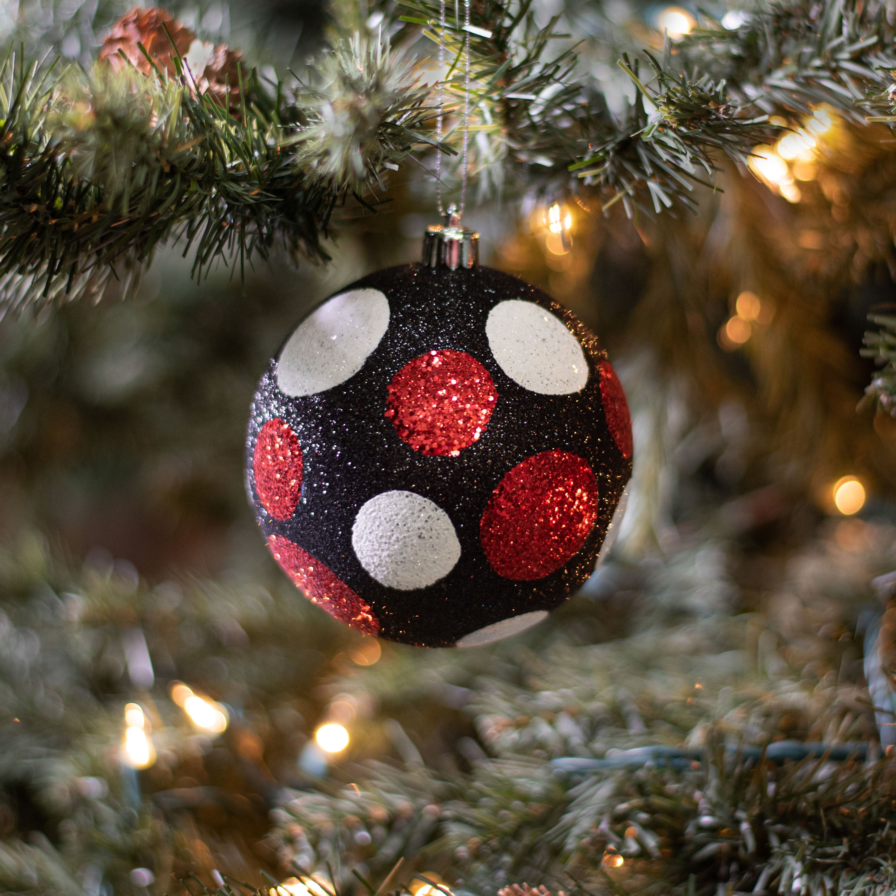 100MM Glitter Dot Ball Ornament: Black, Red, White Lifestyle Photo