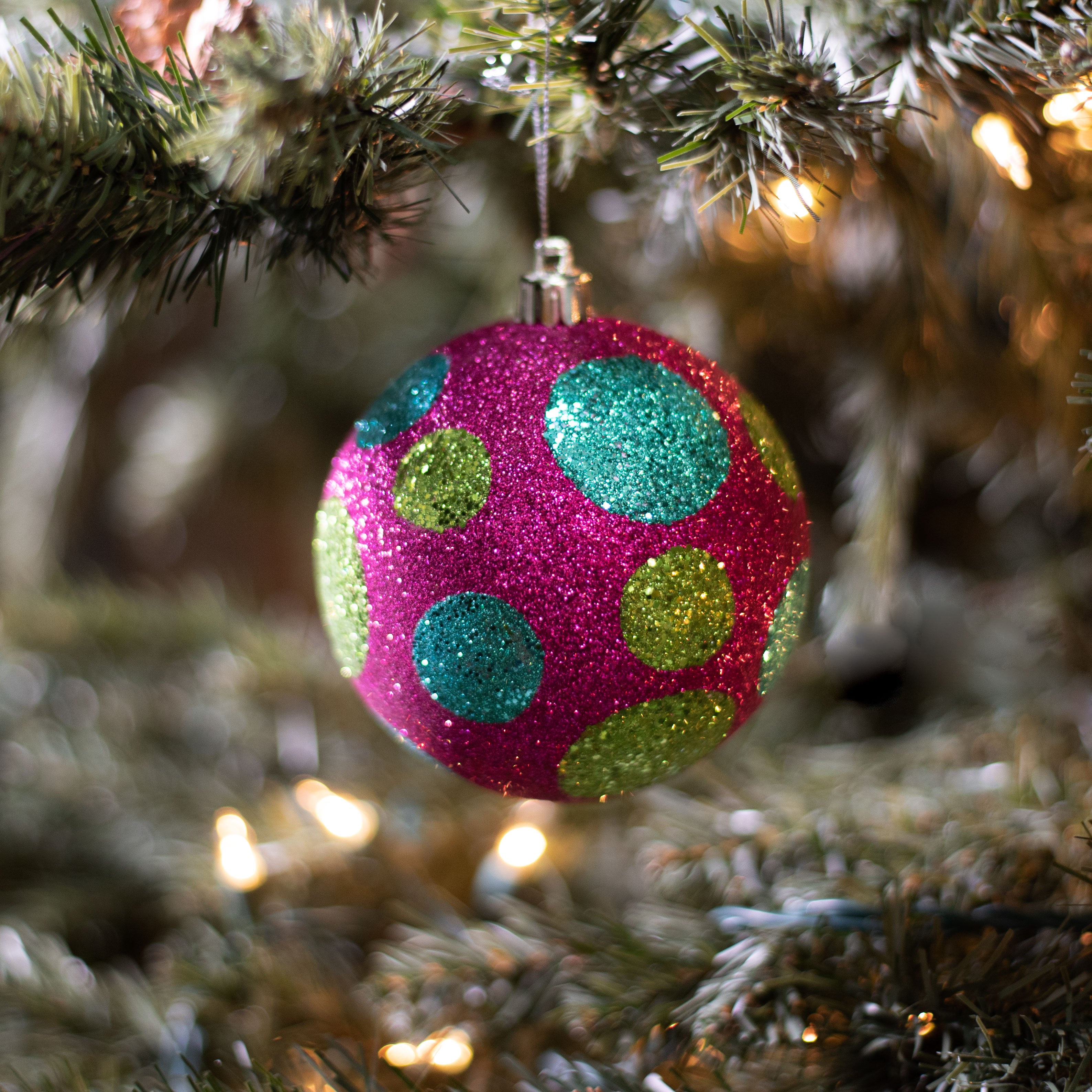 100MM Glitter Dot Ball Ornament: Fuchsia, Lime, Turquoise Lifestyle Photo