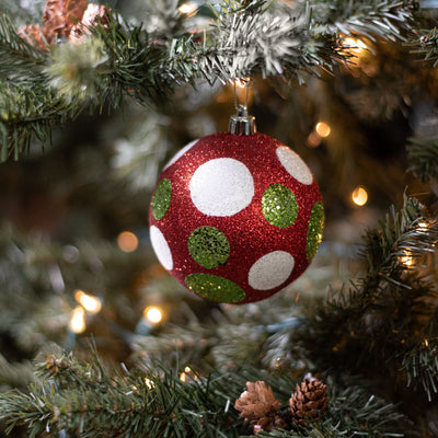 100MM Glitter Dot Ball Ornament: Red, Lime, White Lifestyle Photo