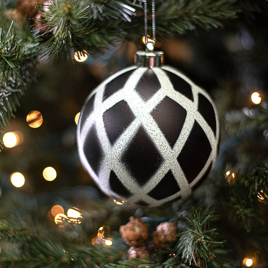 120MM Glitter & Matte Harlequin Ball Ornament: Black & White Lifestyle Photo