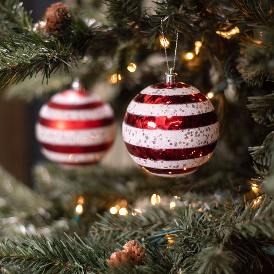 100MM Horizontal Stripe Ball Ornaments: Red (Box of 12) Lifestyle Photo