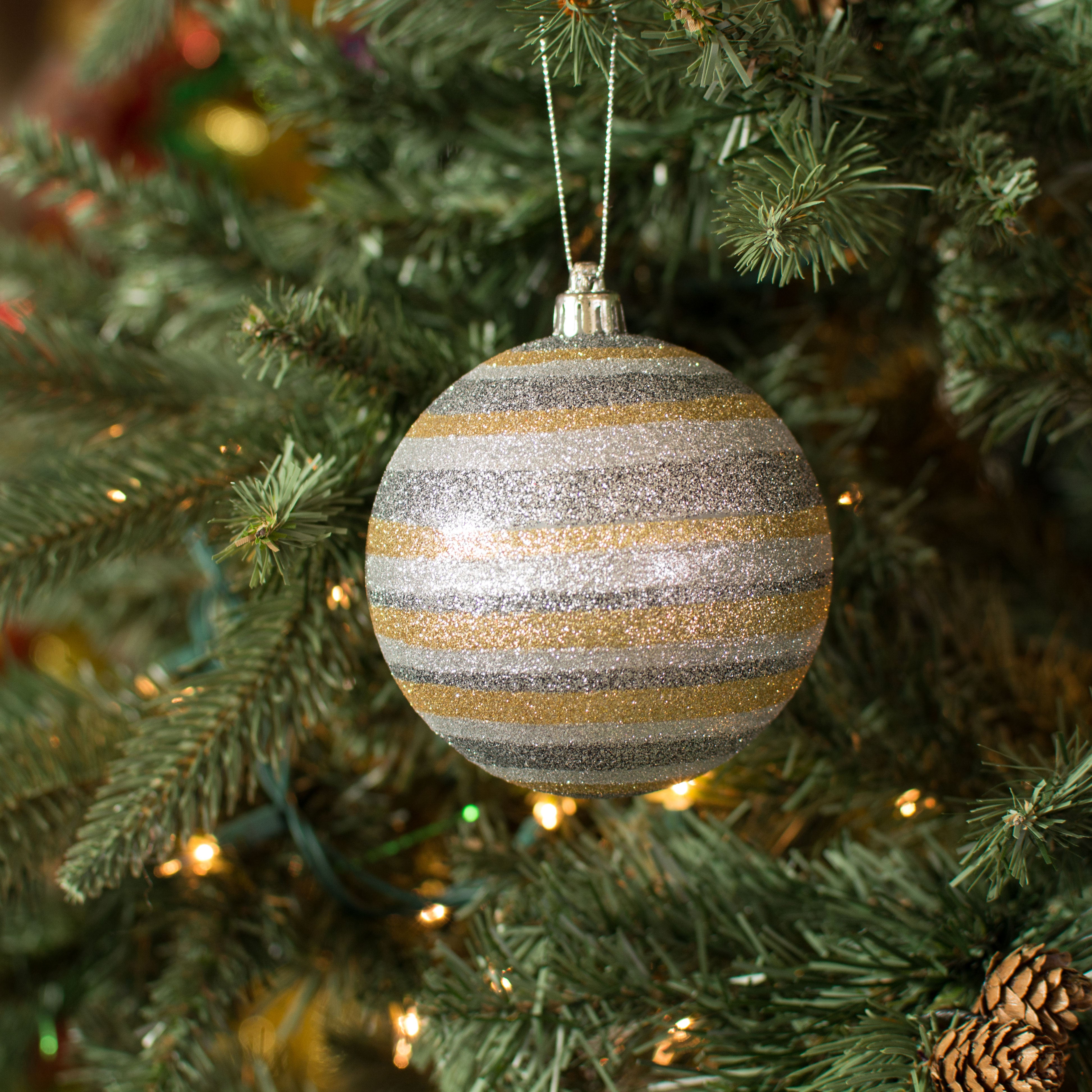 100MM Horizontal Stripe Glitter Ball Ornament: Pewter, Silver, Gold Lifestyle Photo