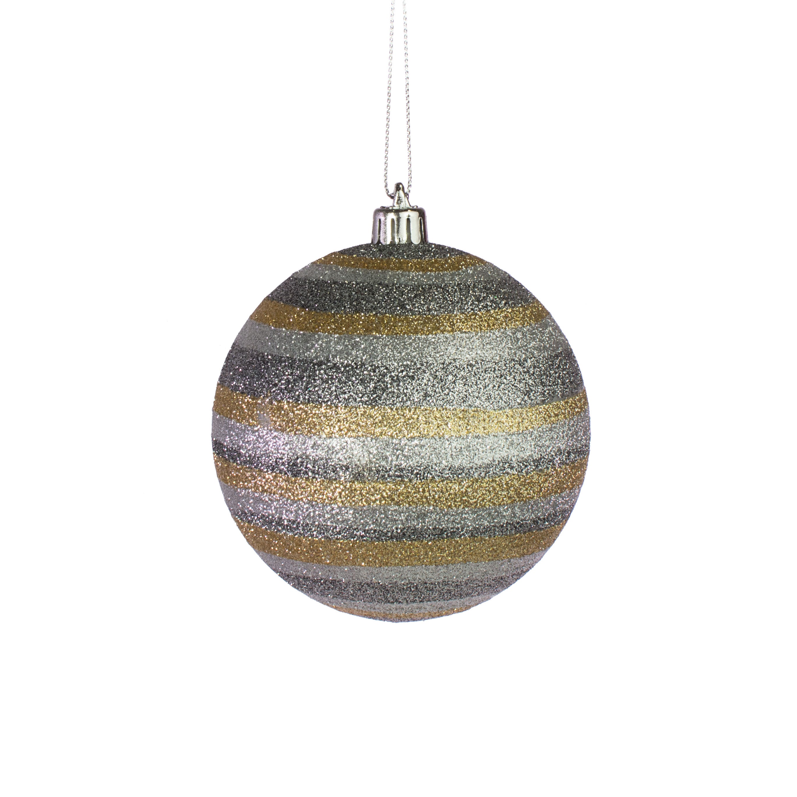 100MM Horizontal Stripe Glitter Ball Ornament: Pewter, Silver, Gold Item Number: XY8528E2