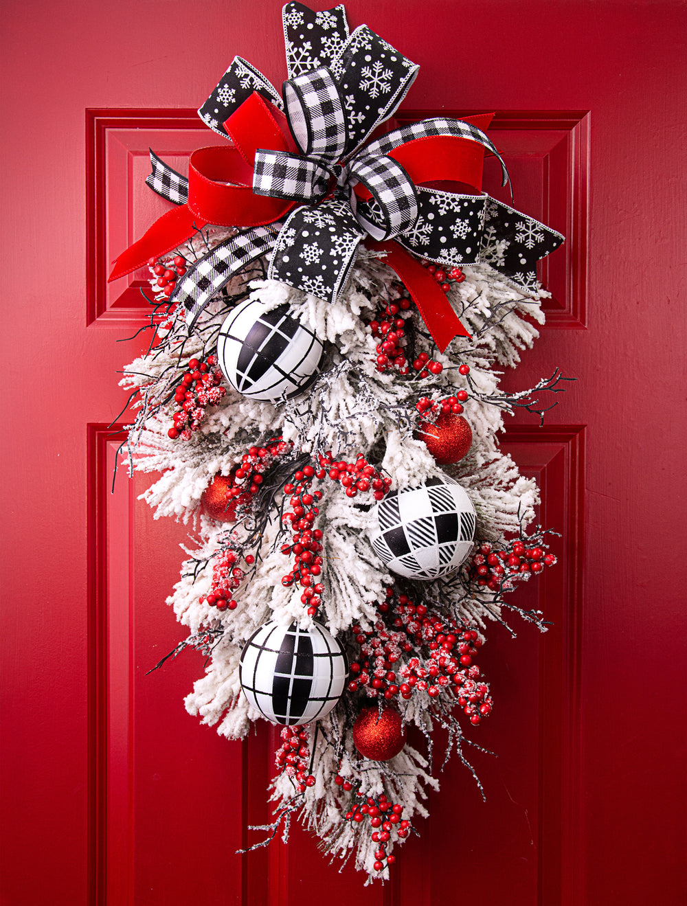 100MM Plaid Ball Ornament: Black & White Lifestyle Photo