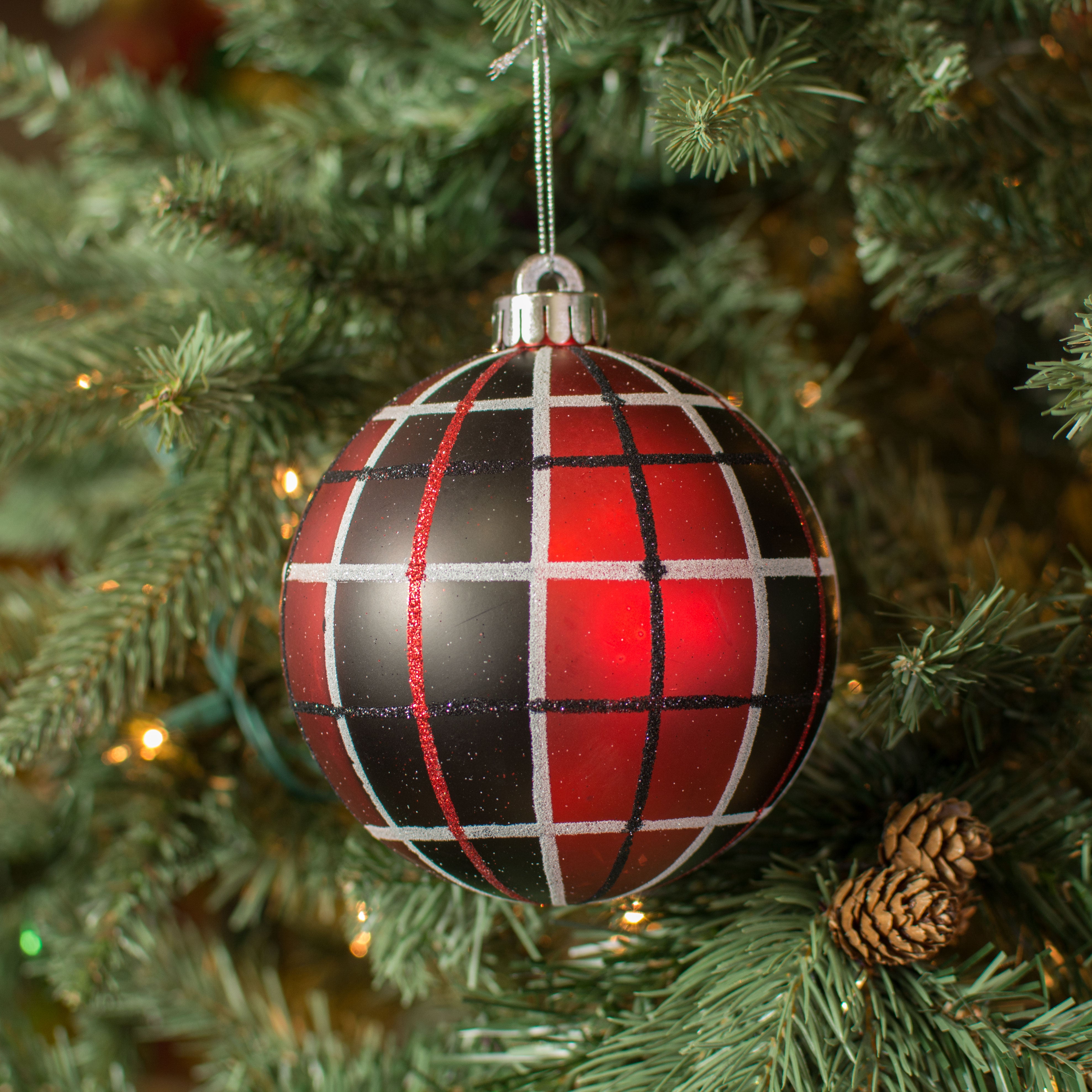 120MM Plaid Ball Ornament: Red, Black, White Lifestyle Photo