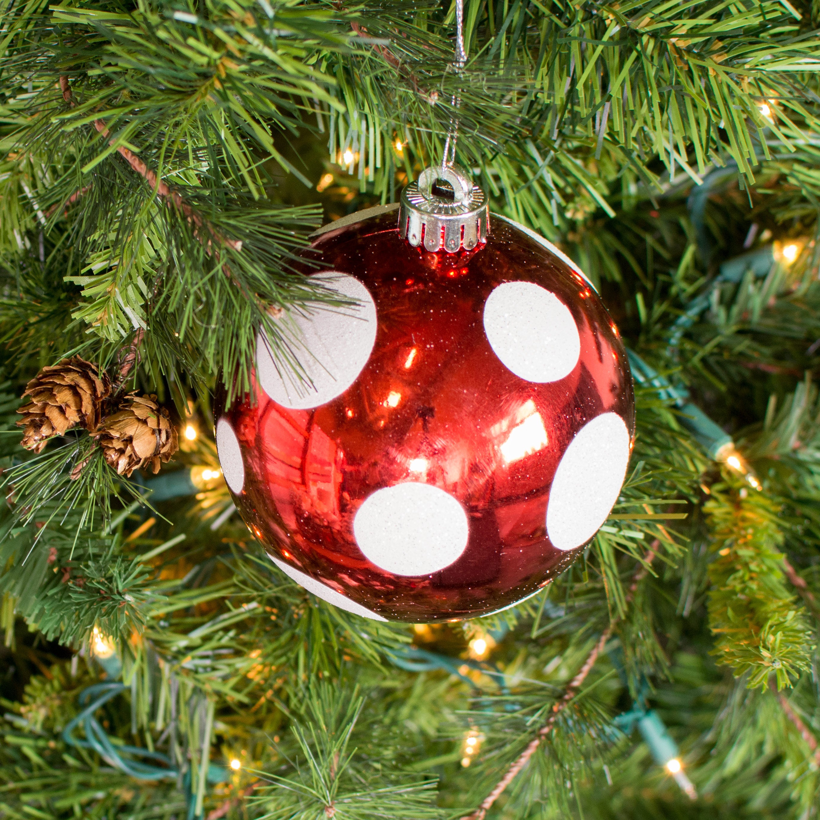 120MM Polka Dot Ball Ornament: Red & White Lifestyle Photo