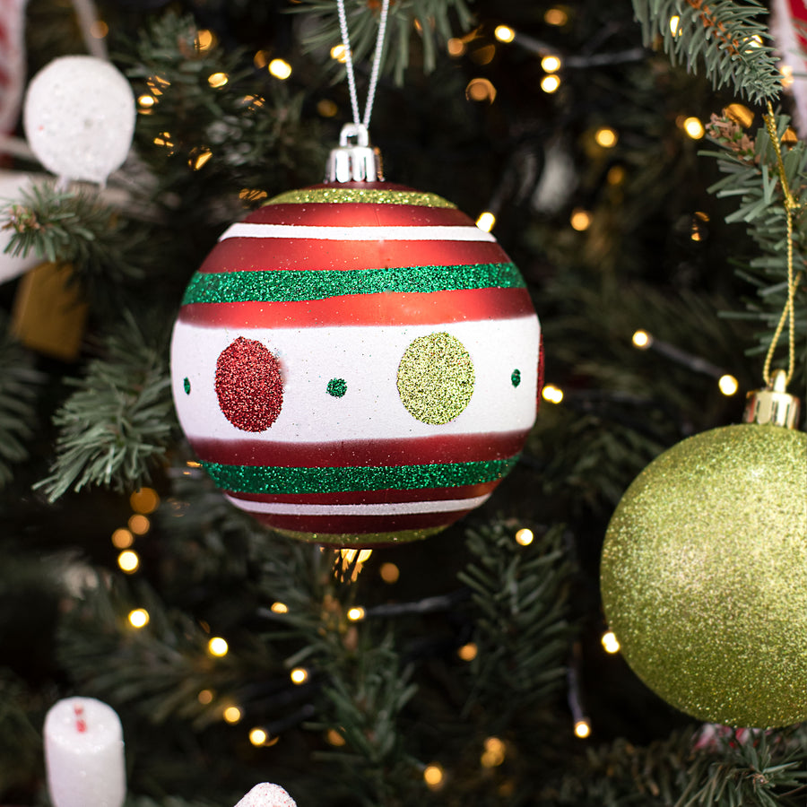 100MM Polka Dot Stripe Ball Ornament: Red, Lime, Emerald Lifestyle Photo