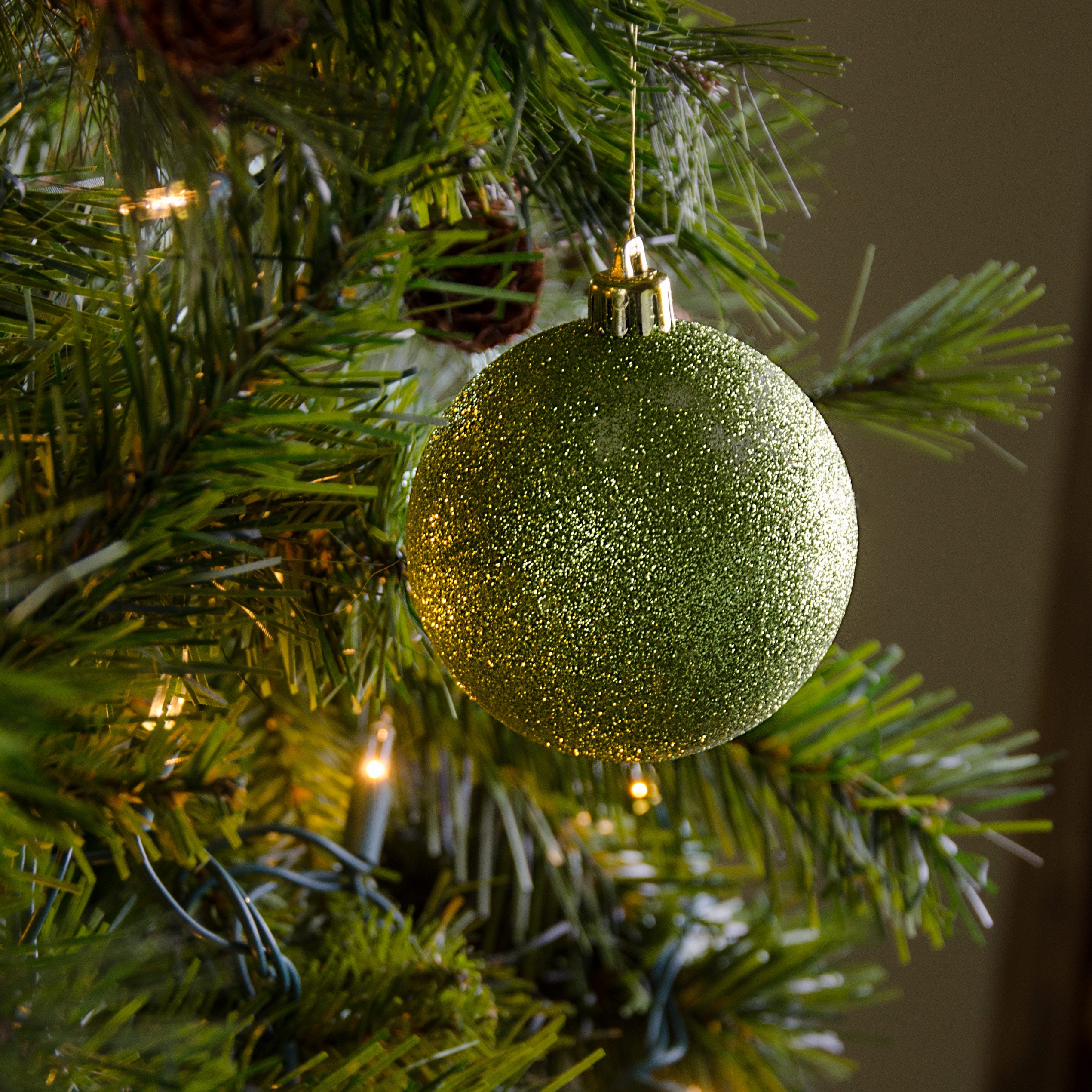 80MM Round Glitter Ball Ornament: Metallic Lime Green Lifestyle Photo