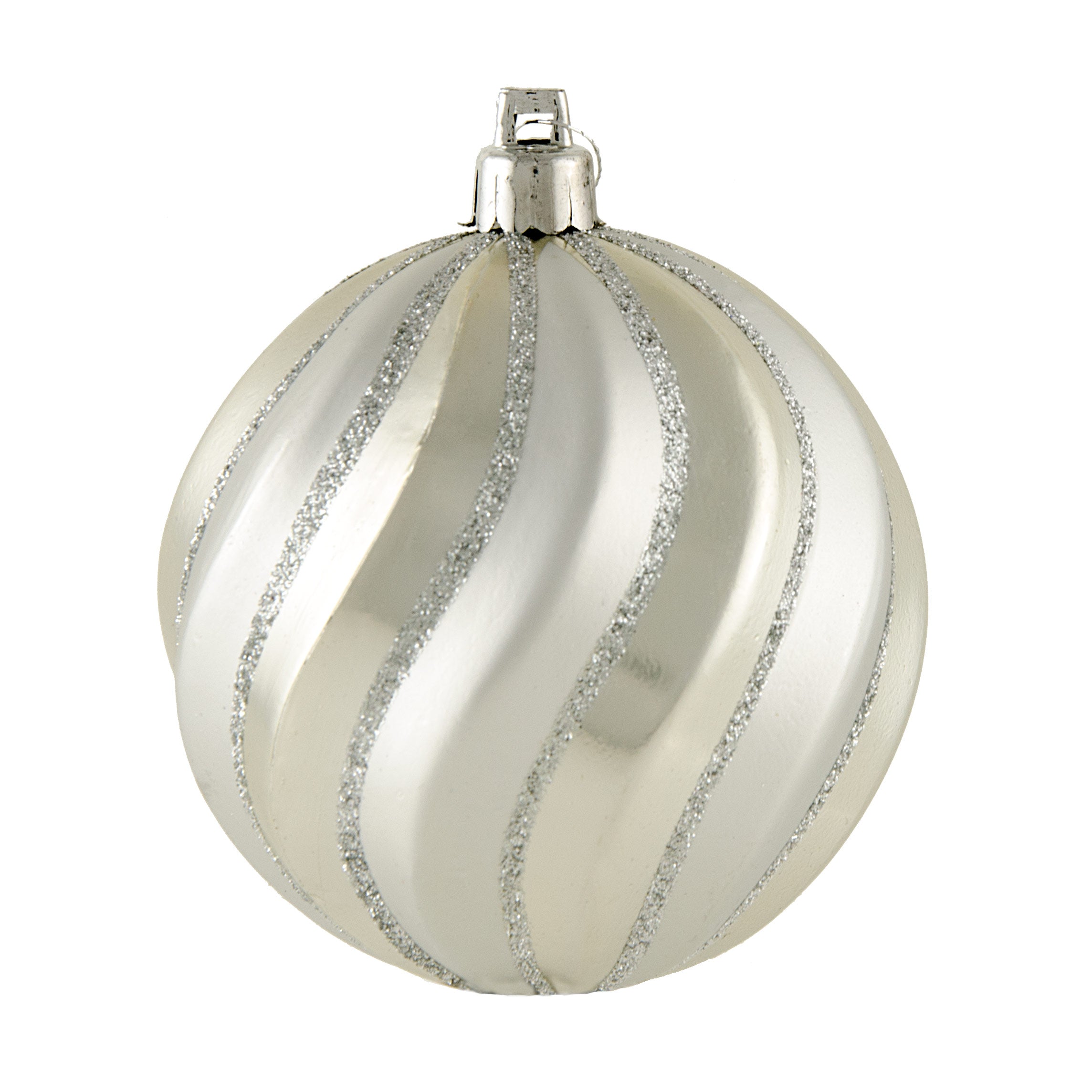 80MM Round Swirl Stripe Metallic Ball Ornament: Glitter Silver Item Number: XY2017U3