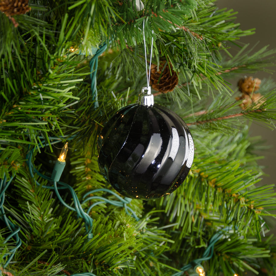 80MM Round Swirl Stripe Metallic Ball Ornament: Shiny Black Lifestyle Photo