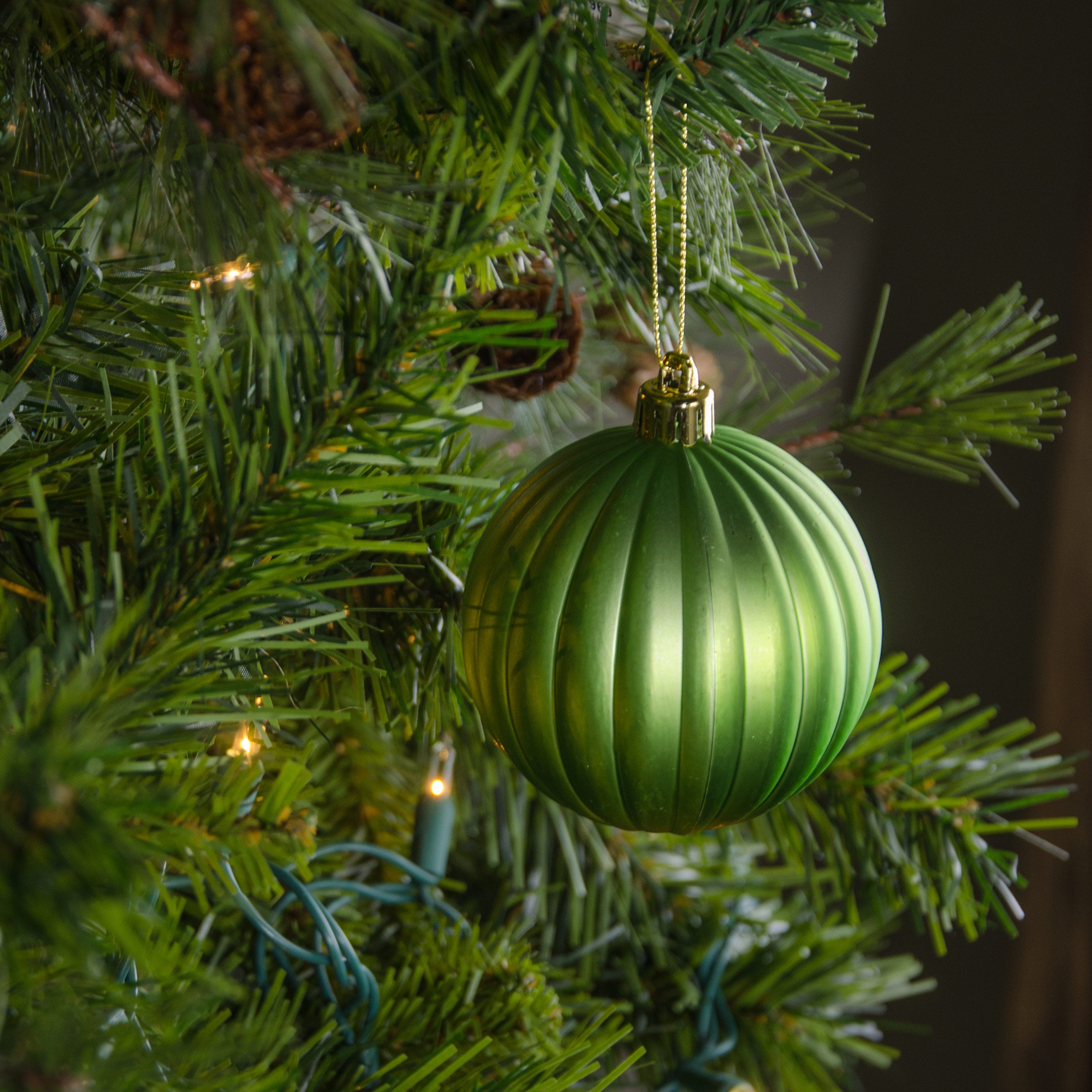 80MM Round Vertical Stripe Metallic Ball Ornament: Matte Lime Green Lifestyle Photo
