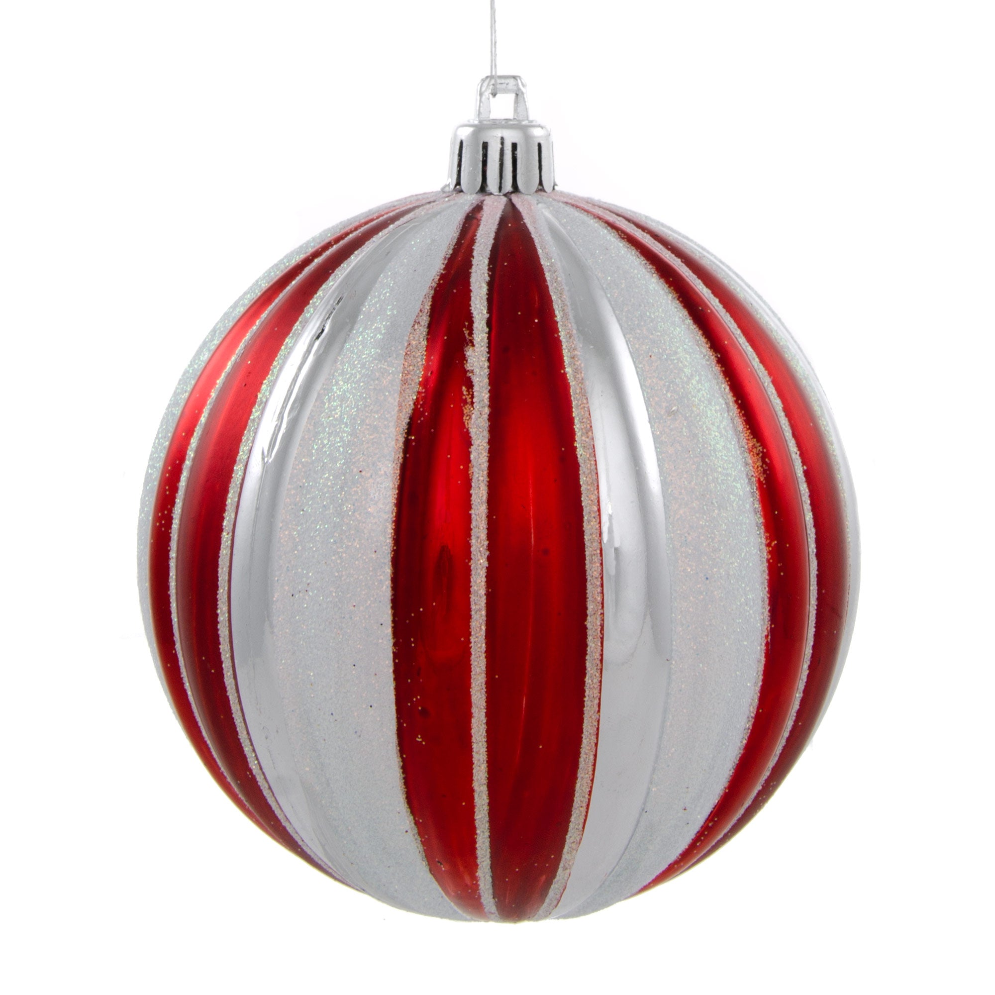 100MM Round Vertical Stripe Metallic Ball Ornament: Red, White & Silver Stripe Item Number: XH9395LT