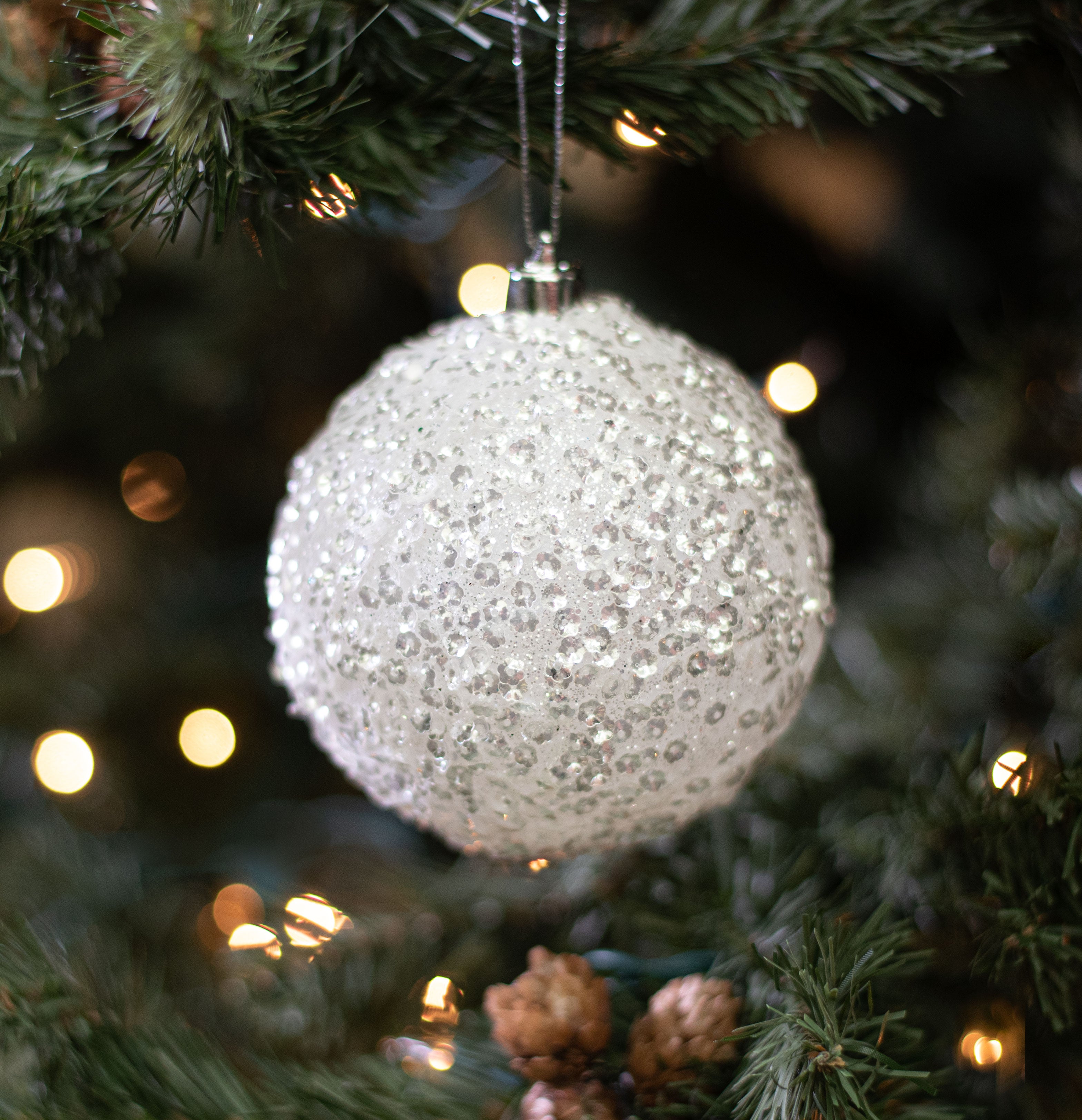 100MM Sequin Glitter Ball Ornament: White Lifestyle Photo
