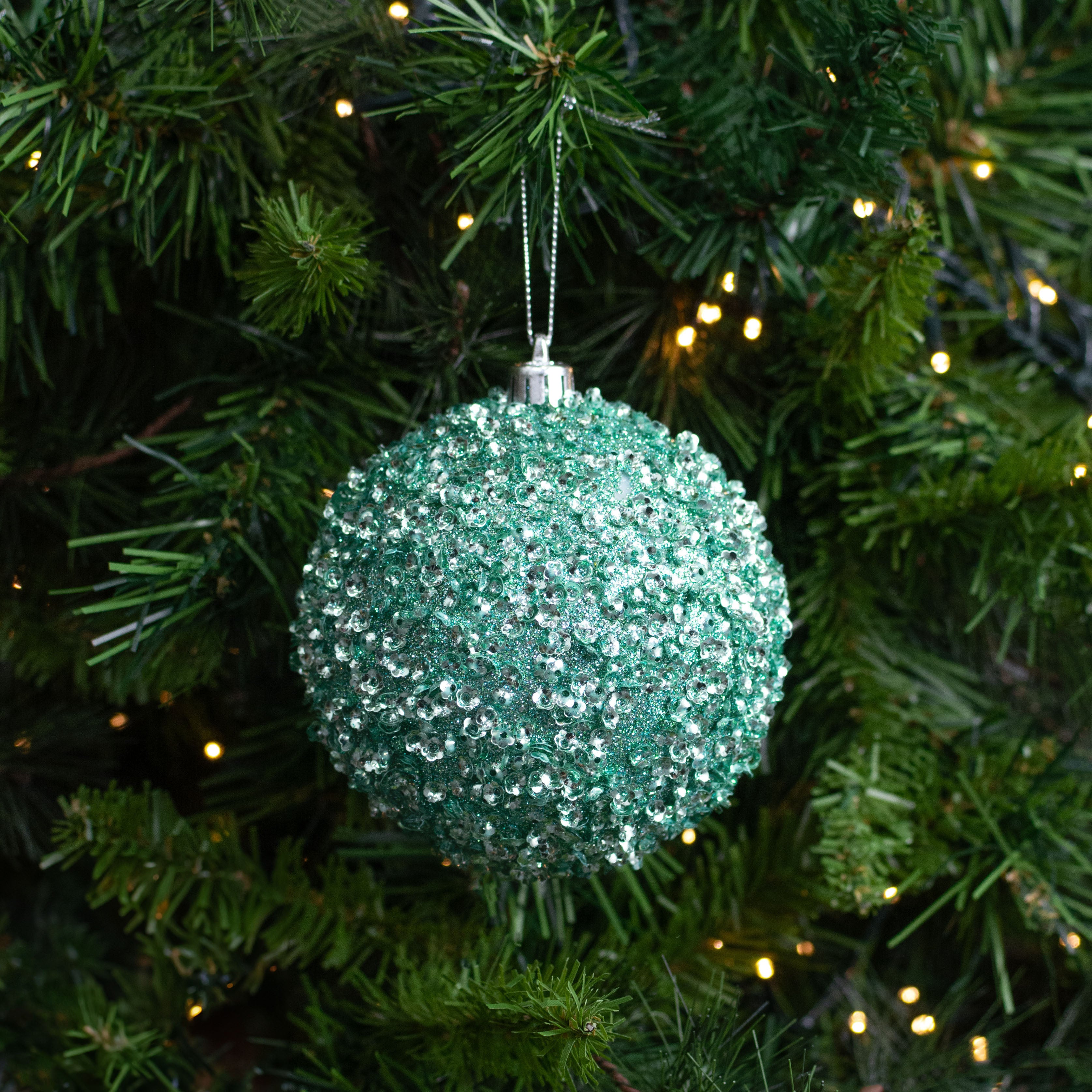 100mm Sequin & Glitter Ball Ornaments: Light Mint Green (Box of 4) Lifestyle Photo