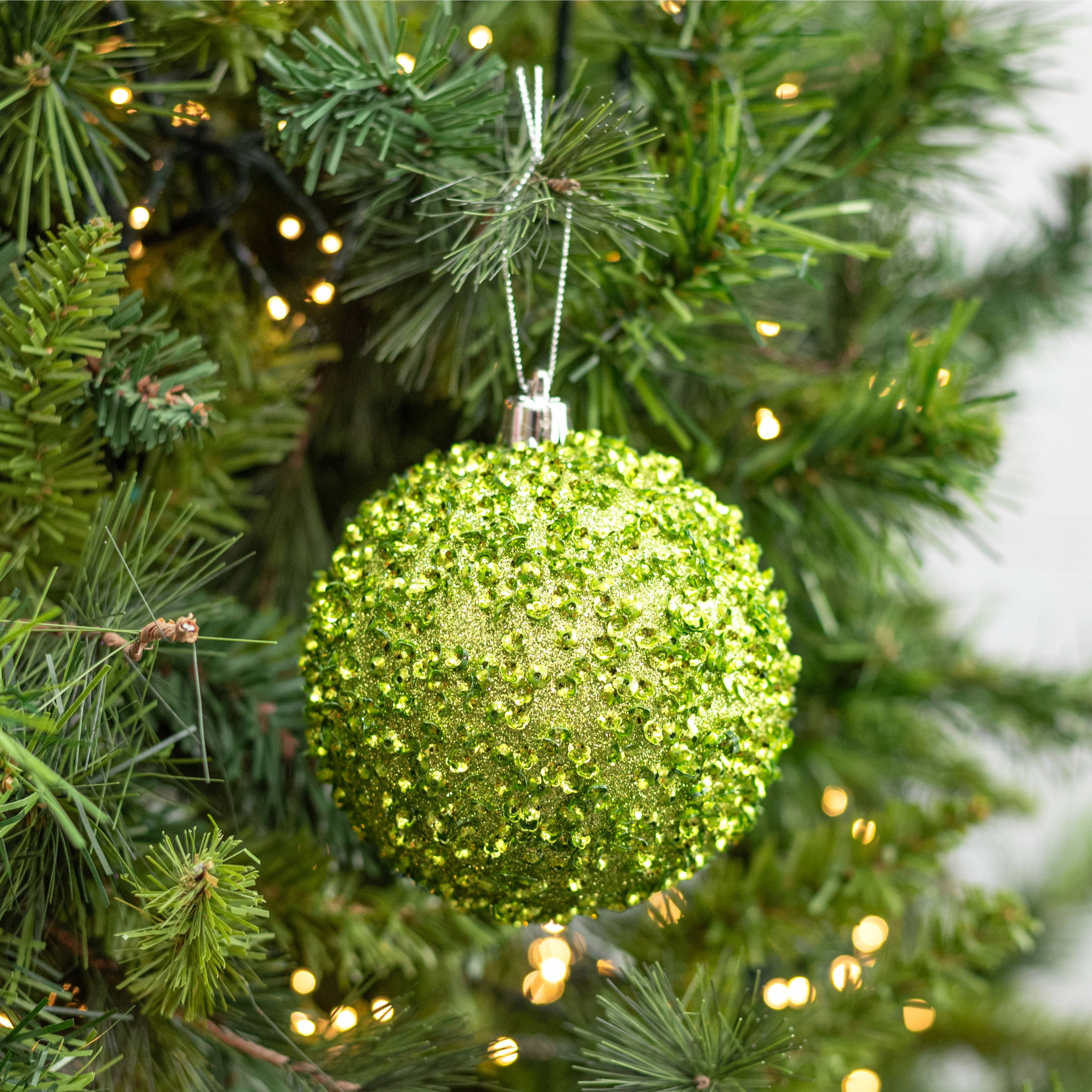 100mm Sequin & Glitter Ball Ornaments: Lime Green (Box of 4) Lifestyle Photo