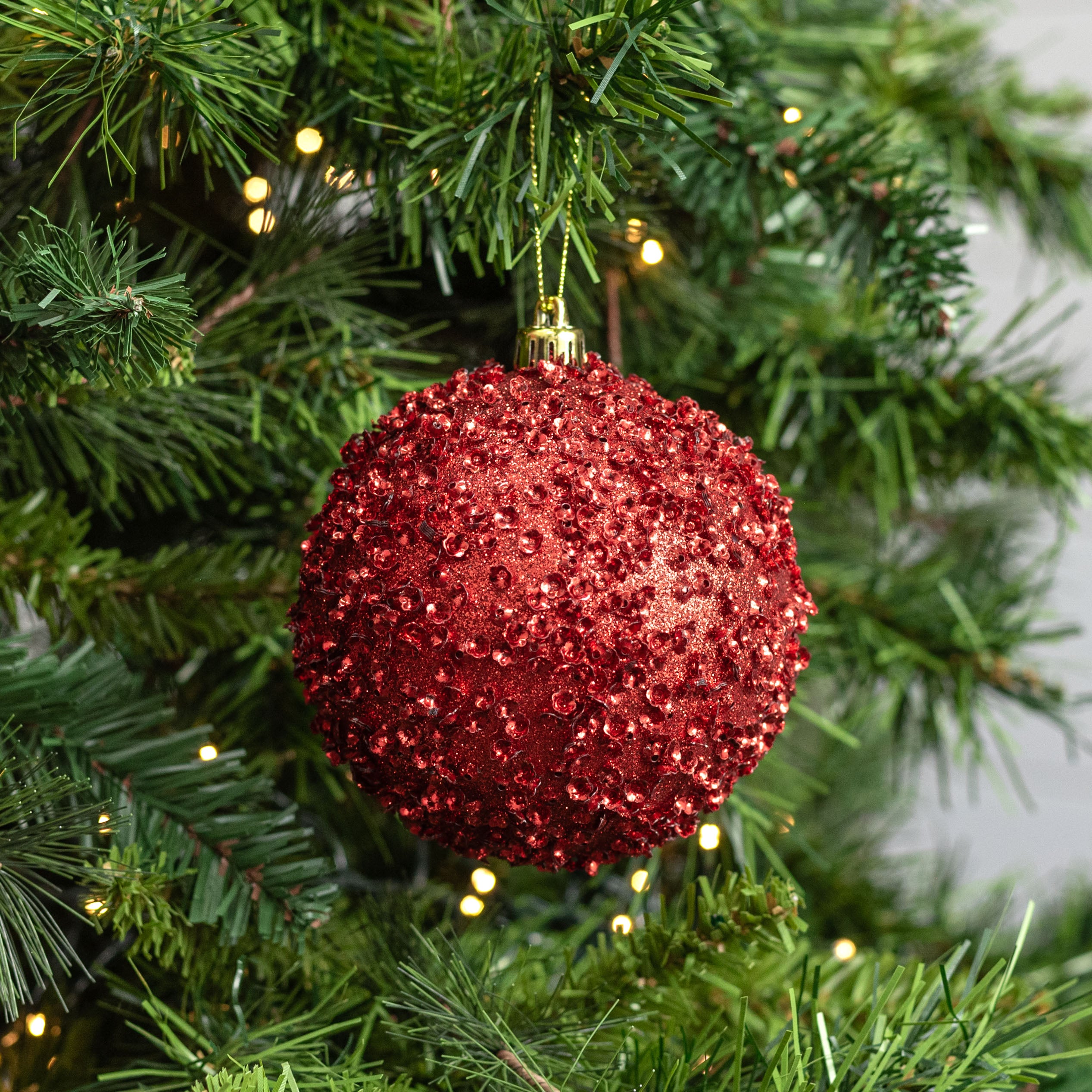 100mm Sequin & Glitter Ball Ornaments: Red (Box of 4) 100mm Sequin & Glitter Ball Ornaments: Red (Box of 4)