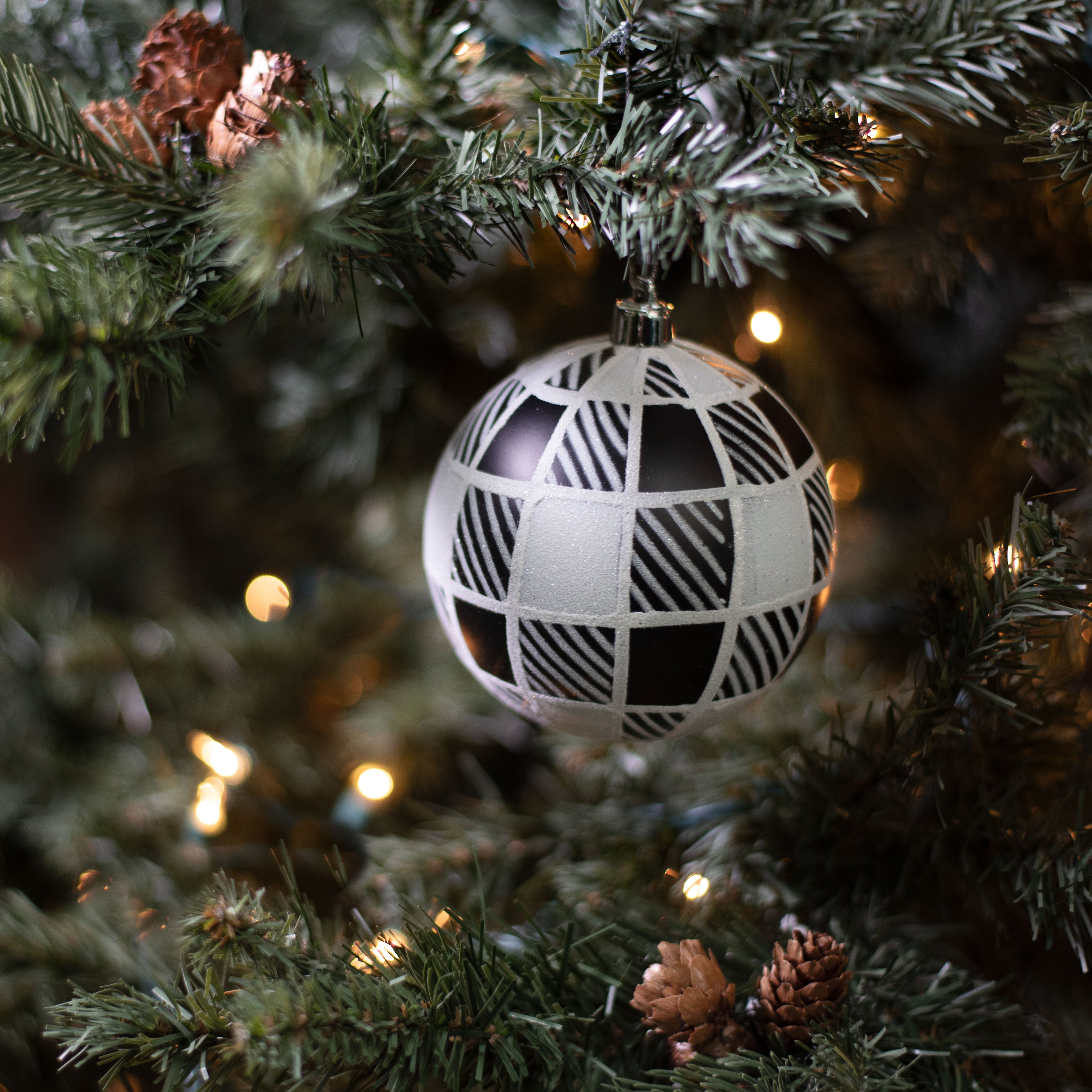 100MM Striped Check Ball Ornament: Black & White detail photo 3