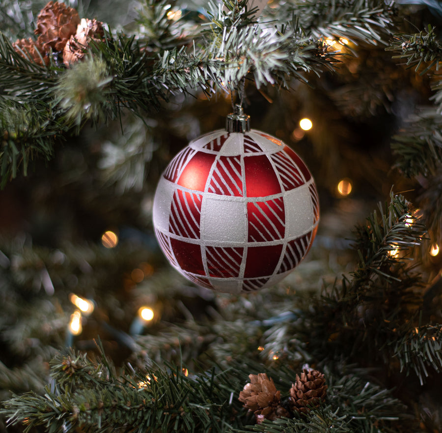 100MM Striped Check Ball Ornament: Red & White Lifestyle Photo