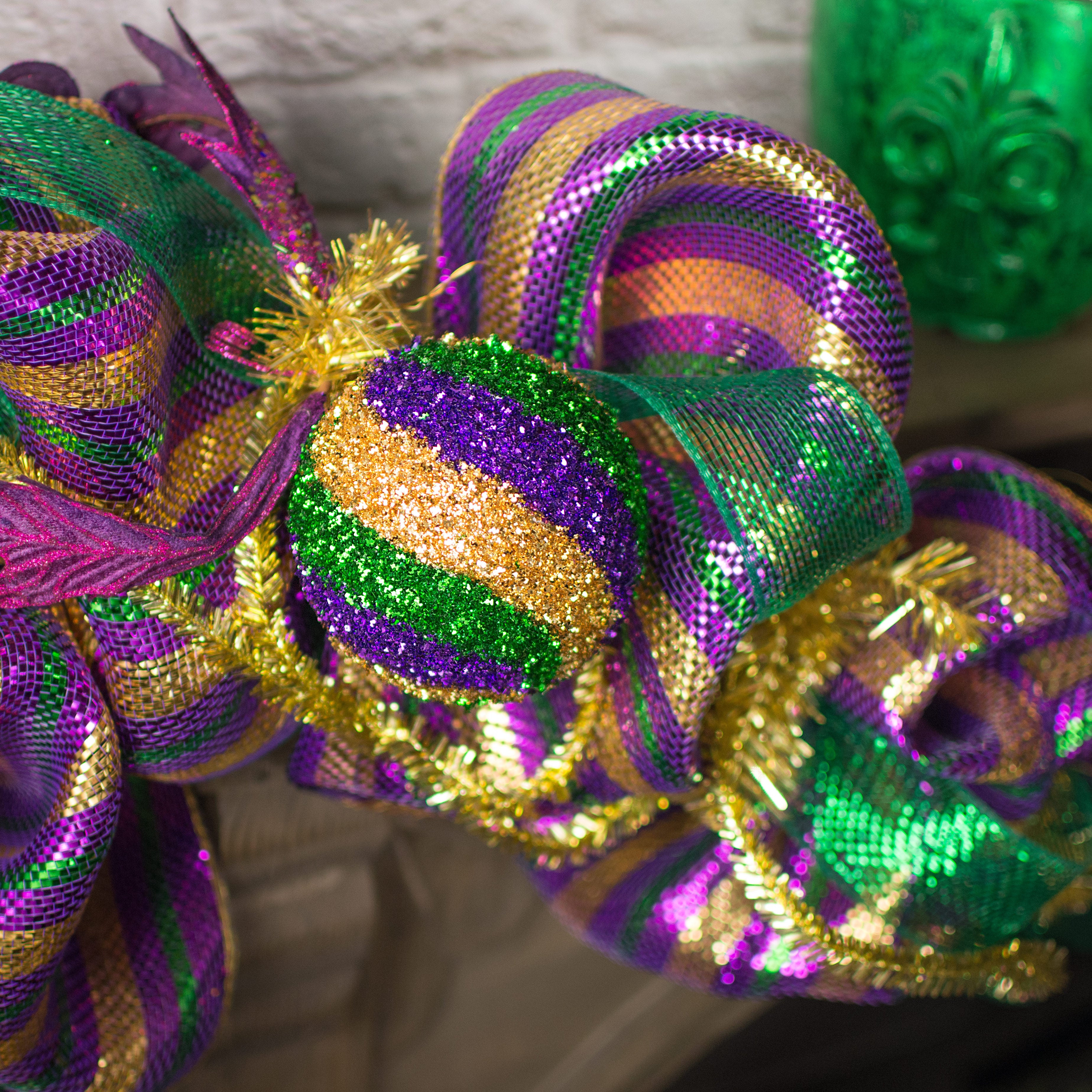 100MM Tinsel Swirl Ball Ornament: Mardi Gras Lifestyle Photo