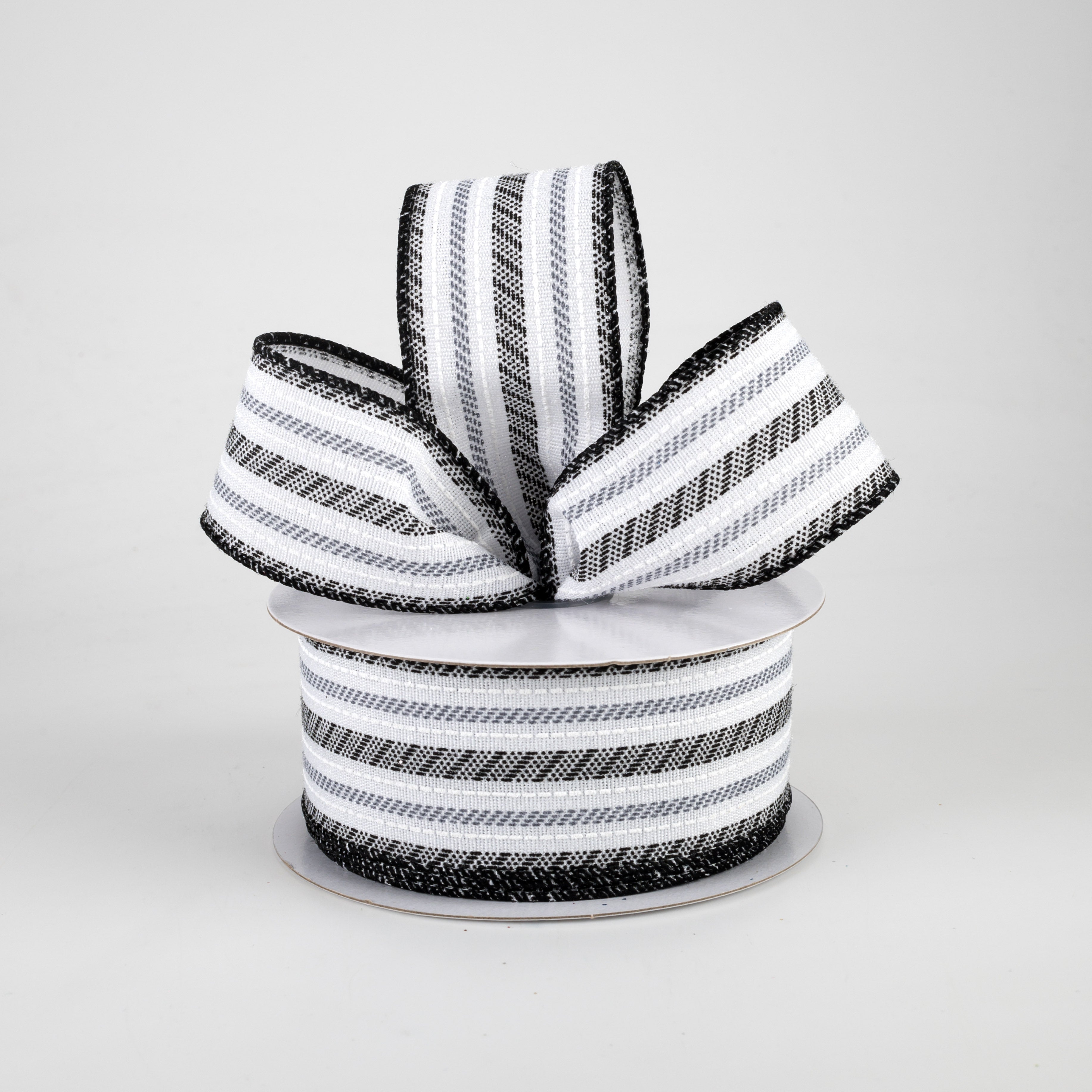 1.5" Modern Stripe Ticking Ribbon: White, Black, Grey (10 Yards) Lifestyle Photo