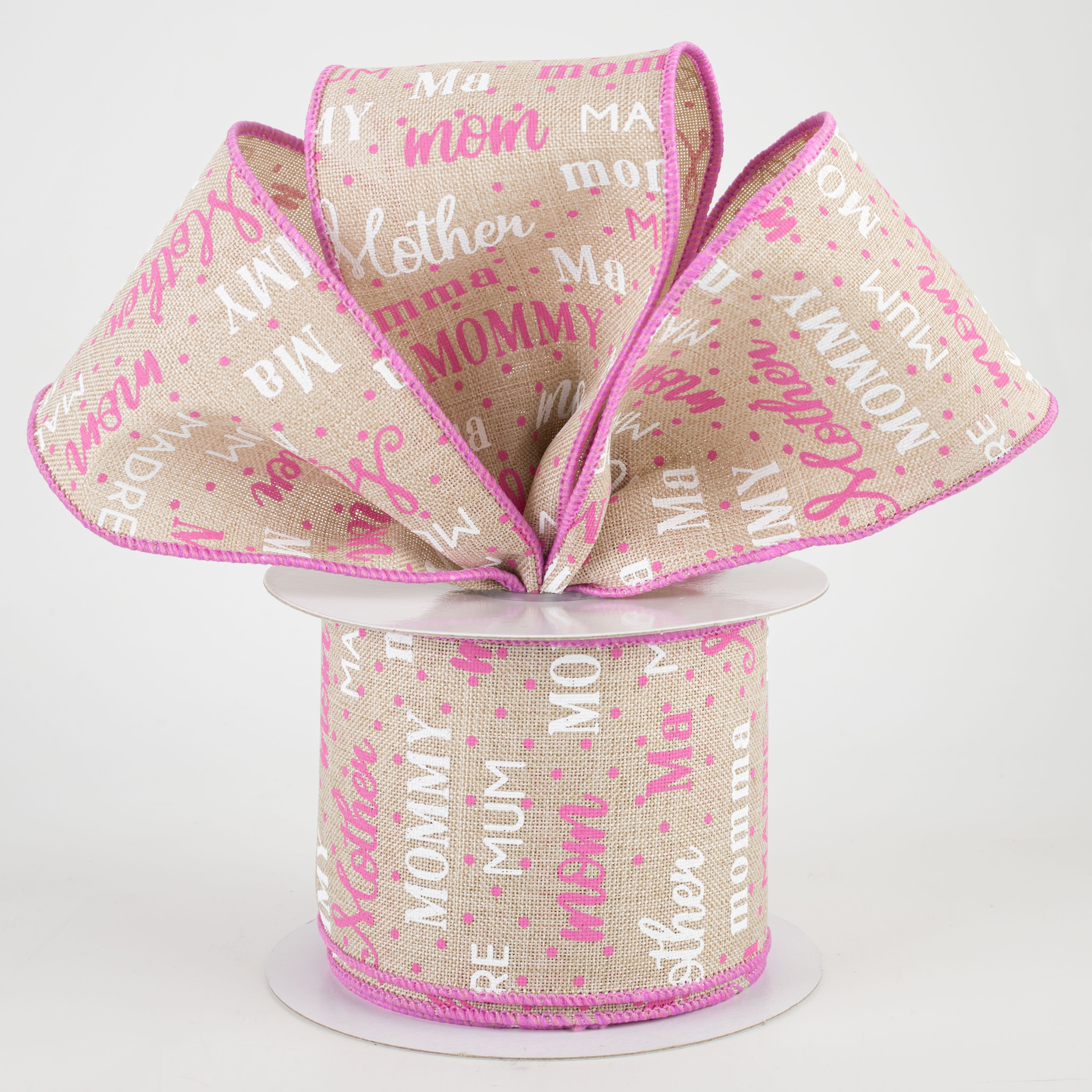 2.5" Mom Pattern Ribbon: Light Natural, White, Pink (10 Yards) Lifestyle Photo