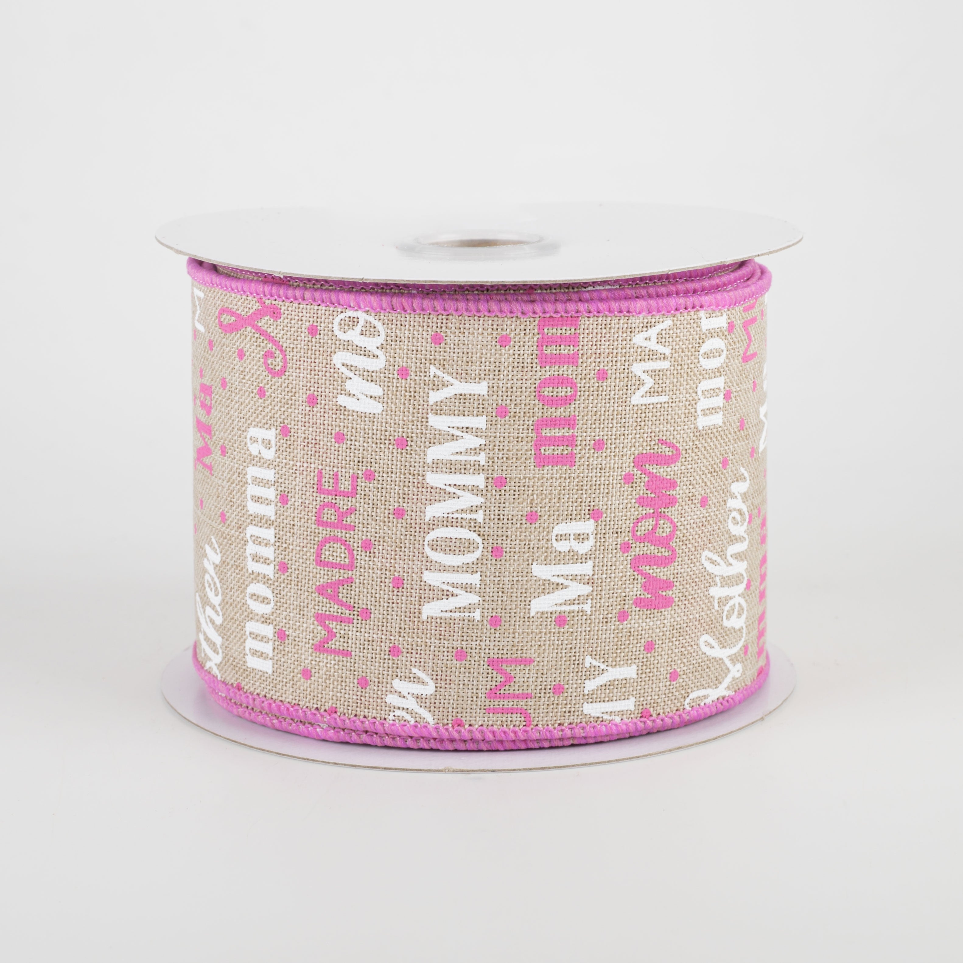 2.5" Mom Pattern Ribbon: Light Natural, White, Pink (10 Yards)