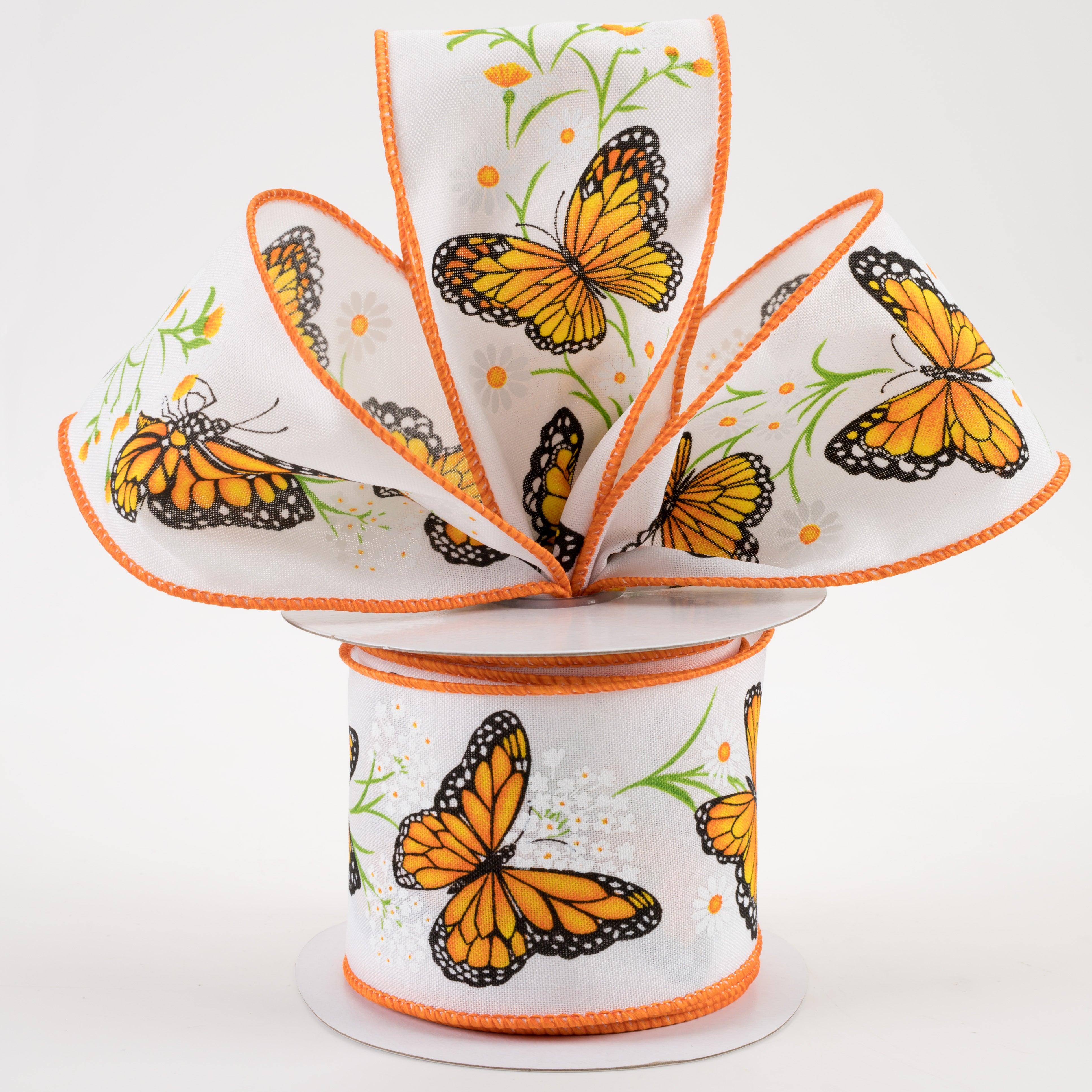 2.5" Monarch Butterfly With Daisies Ribbon: White (10 Yards) Lifestyle Photo