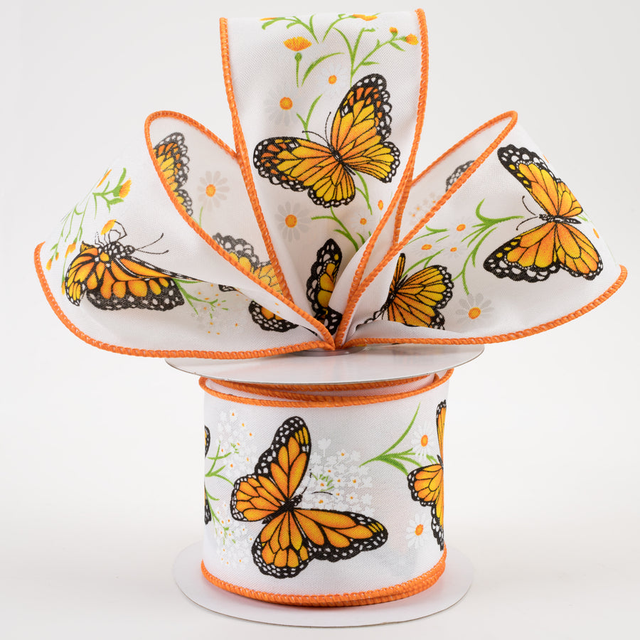 2.5" Monarch Butterfly With Daisies Ribbon: White (10 Yards) Lifestyle Photo