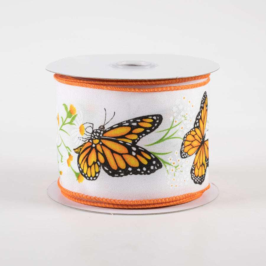 2.5" Monarch Butterfly With Daisies Ribbon: White (10 Yards)