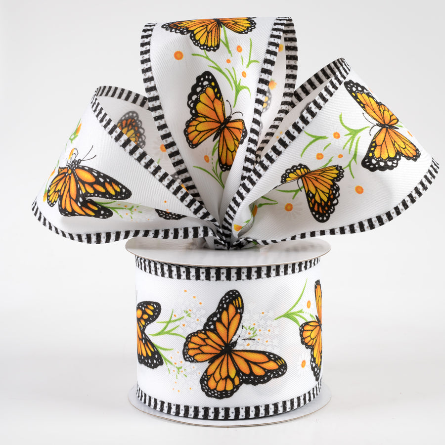 2.5" Monarch Butterfly, Daisies, Stripe Edge Ribbon: White (10 Yards) Lifestyle Photo