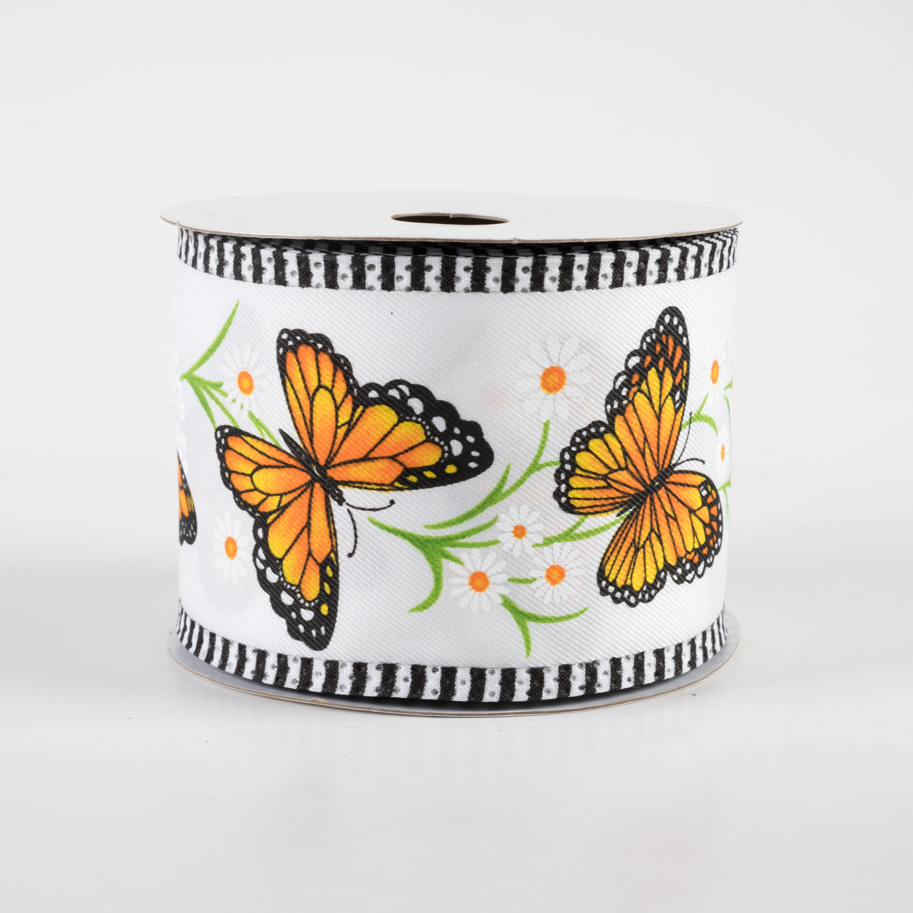 2.5" Monarch Butterfly, Daisies, Stripe Edge Ribbon: White (10 Yards)