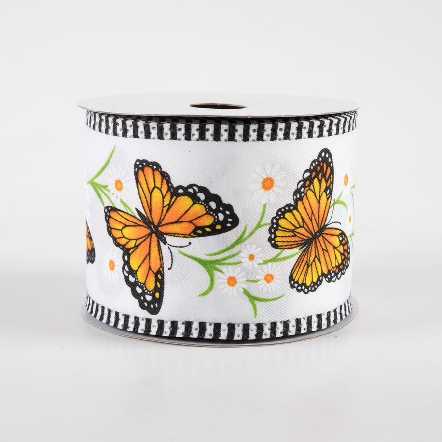 2.5" Monarch Butterfly, Daisies, Stripe Edge Ribbon: White (10 Yards)