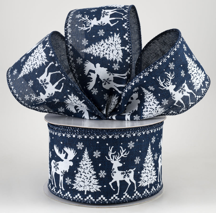 2.5" Moose, Deer, Tree, Snowflake Ribbon: Navy Blue (10 Yards) Lifestyle Photo