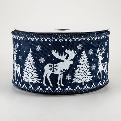 2.5" Moose, Deer, Tree, Snowflake Ribbon: Navy Blue (10 Yards)
