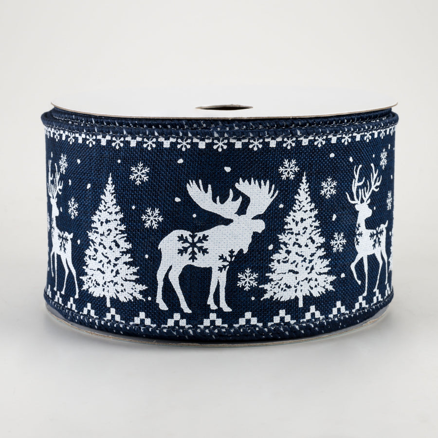 2.5" Moose, Deer, Tree, Snowflake Ribbon: Navy Blue (10 Yards)