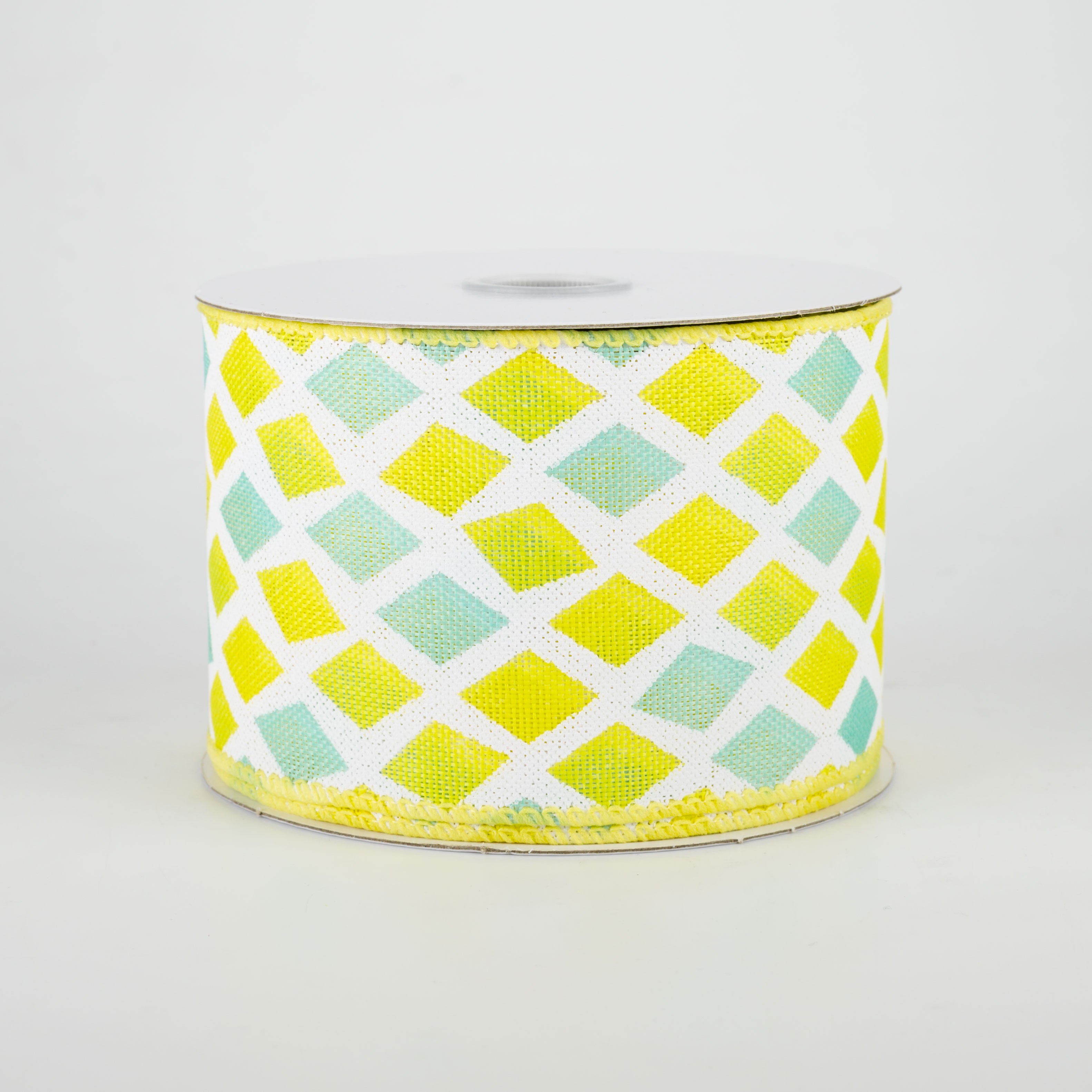 2.5" Mosaic Diamond Pattern Ribbon: Yellow & Aqua (10 Yards) Item Number: 41028-40-02