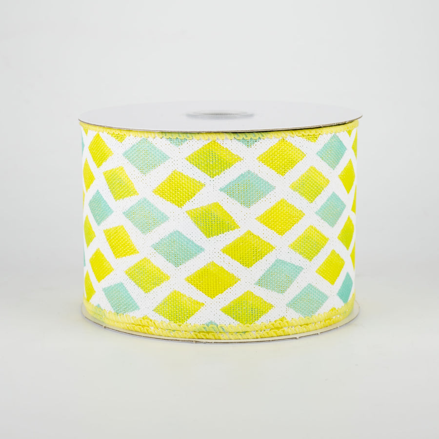 2.5" Mosaic Diamond Pattern Ribbon: Yellow & Aqua (10 Yards) Item Number: 41028-40-02
