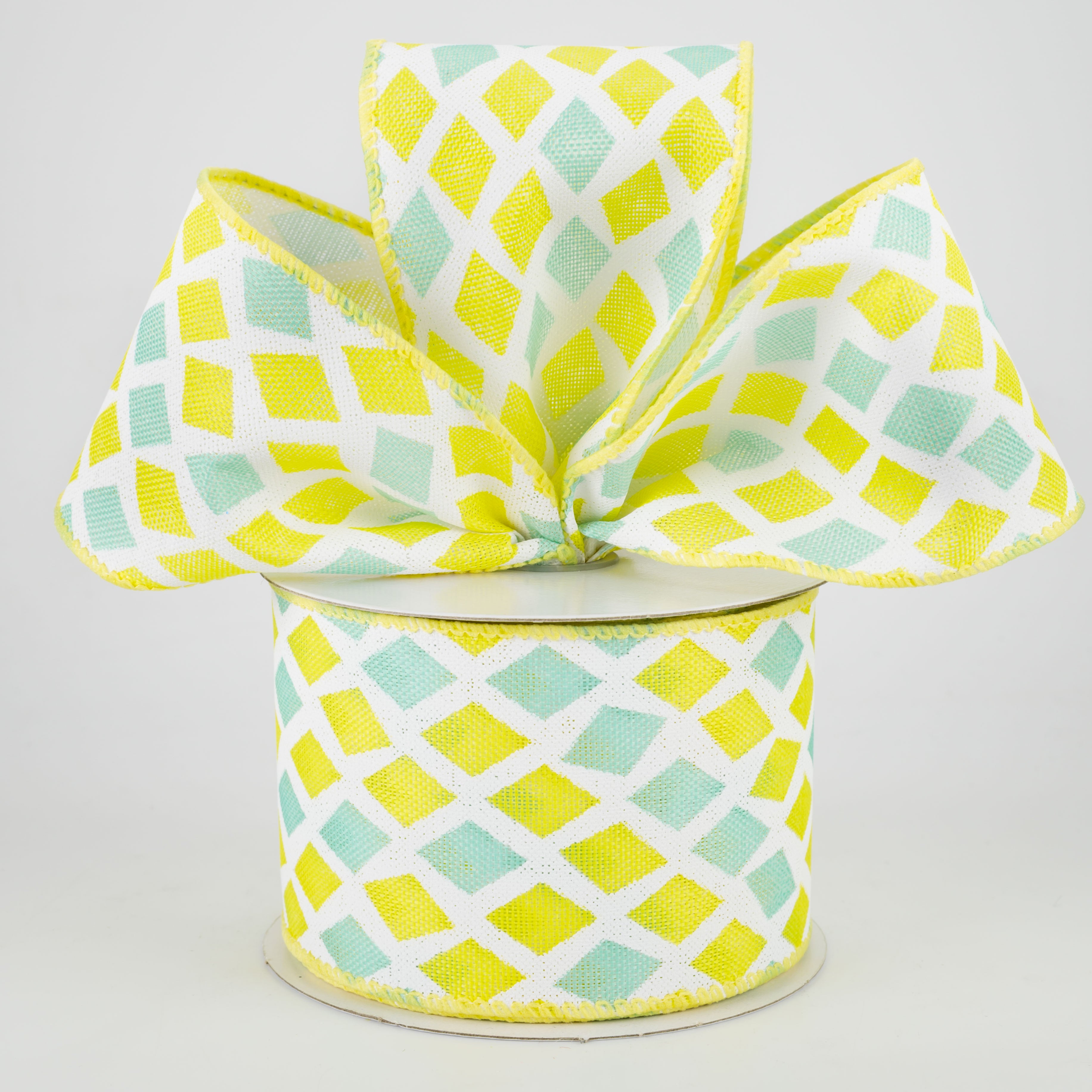 2.5" Mosaic Diamond Pattern Ribbon: Yellow & Aqua (10 Yards) Lifestyle Photo