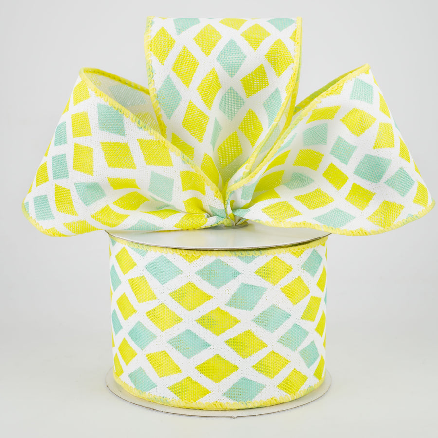 2.5" Mosaic Diamond Pattern Ribbon: Yellow & Aqua (10 Yards) Lifestyle Photo