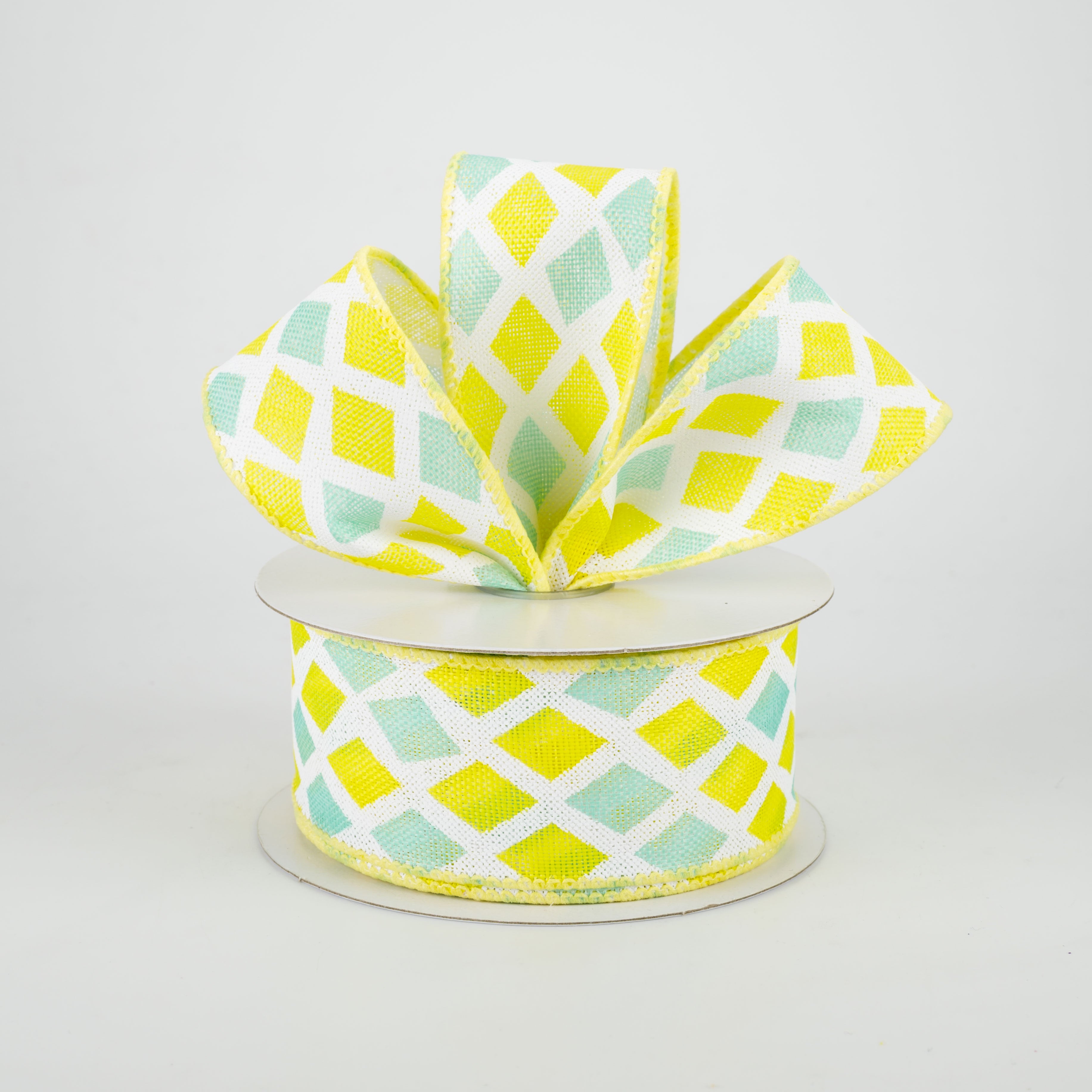 1.5" Mosaic Diamond Pattern Ribbon: Yellow & Aqua (10 Yards) Lifestyle Photo
