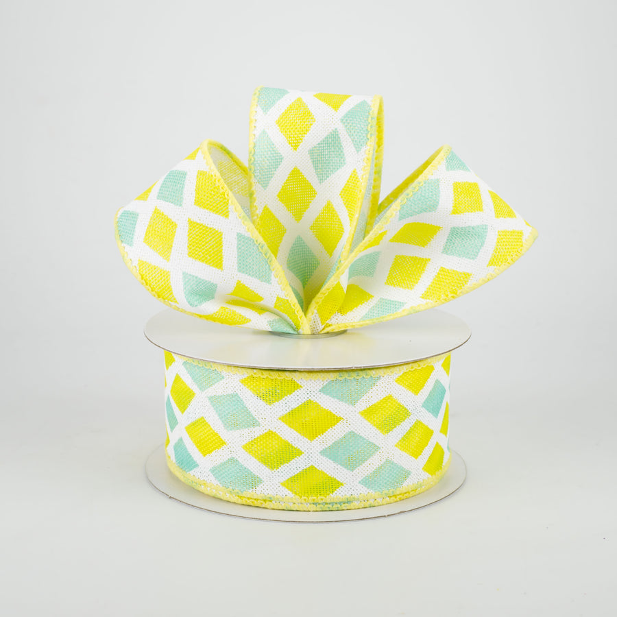 1.5" Mosaic Diamond Pattern Ribbon: Yellow & Aqua (10 Yards) Lifestyle Photo