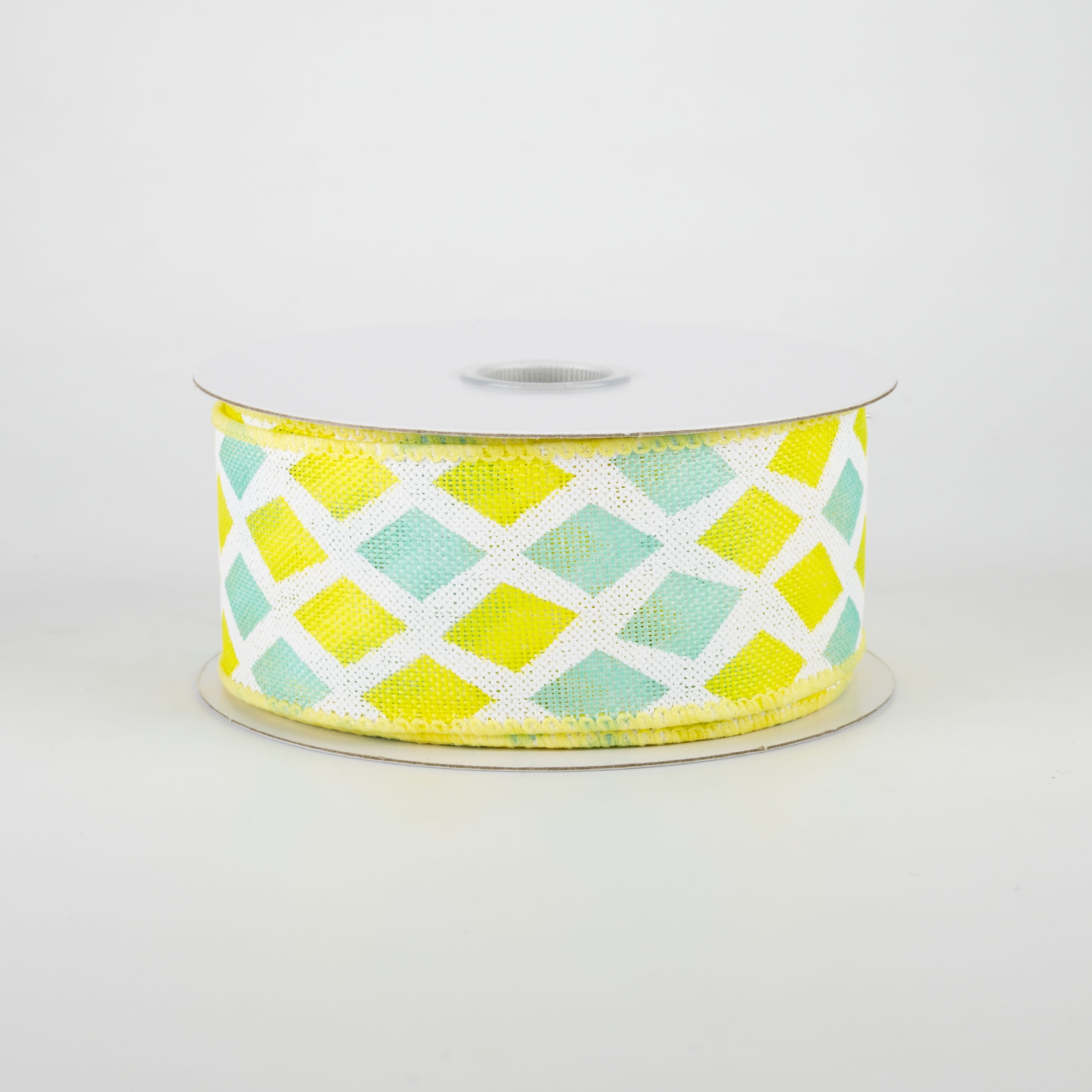 1.5" Mosaic Diamond Pattern Ribbon: Yellow & Aqua (10 Yards)