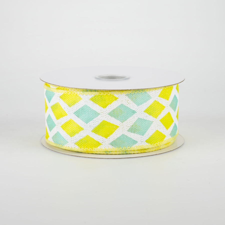 1.5" Mosaic Diamond Pattern Ribbon: Yellow & Aqua (10 Yards)
